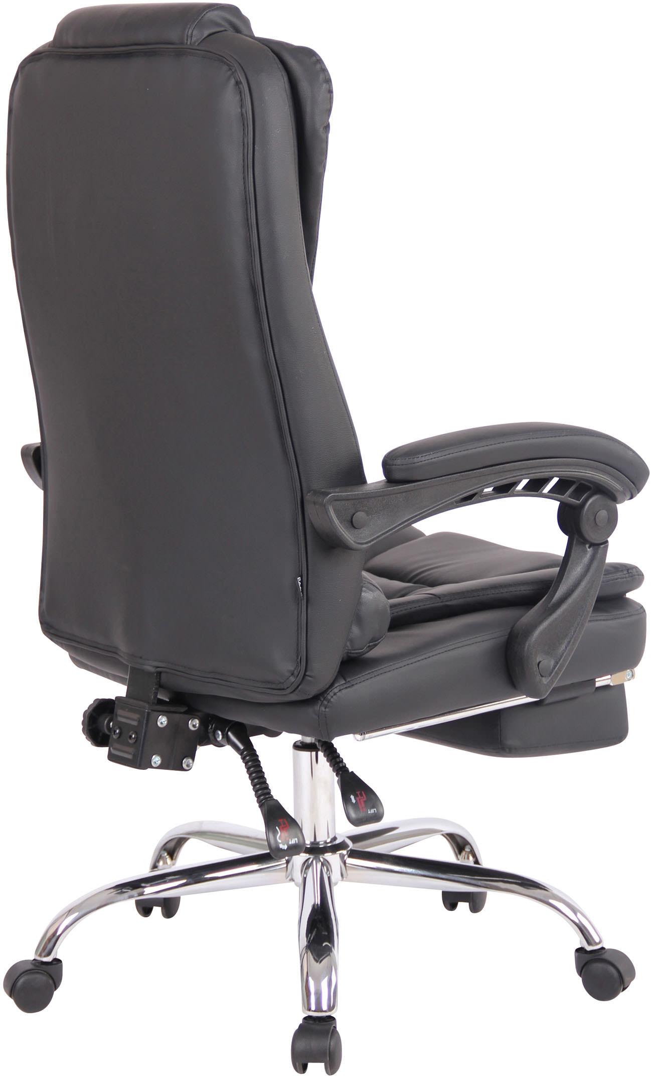 Schwarzer Bürostuhl, Rückansicht, ergonomisches Design mit gepolsterter Kopfstütze und Chromfuß.