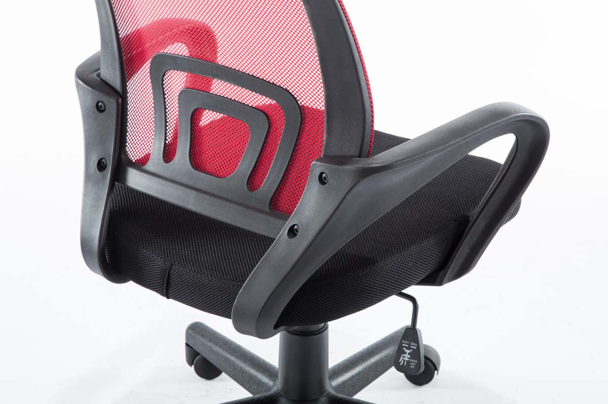 Bürostuhlrücken, Mesh und schwarzer Rahmen, rotes Mesh-Detail, Armlehnen und Rollen sichtbar.