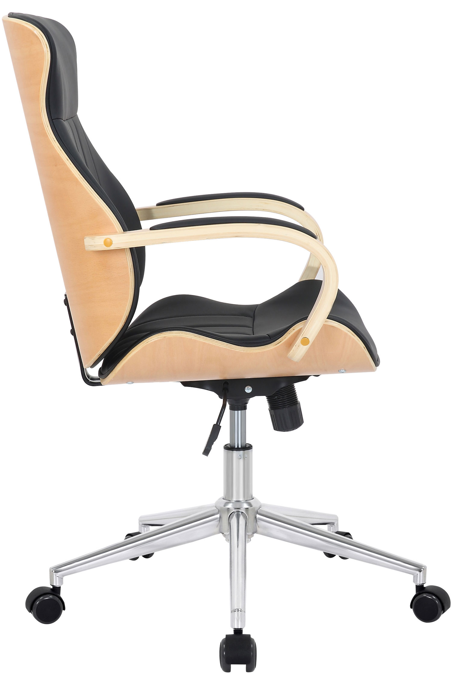 Bürostuhl, schwarzer Sitz und Rücken, Holzrahmen, Seitenansicht, weißer Hintergrund.