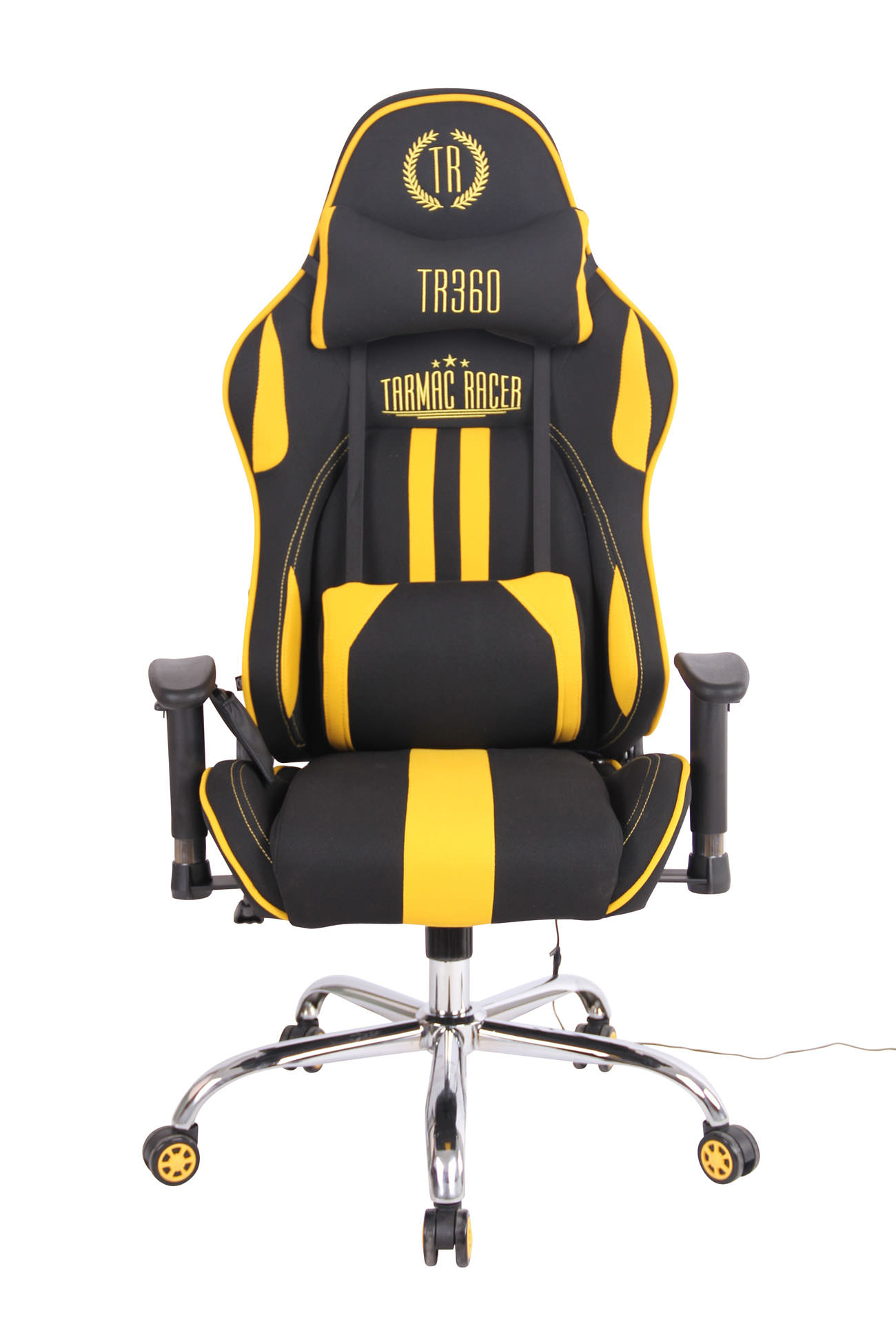 Schwarzer und gelber Gaming-Stuhl. Er hat das TR360-Logo und gelbe Streifen.