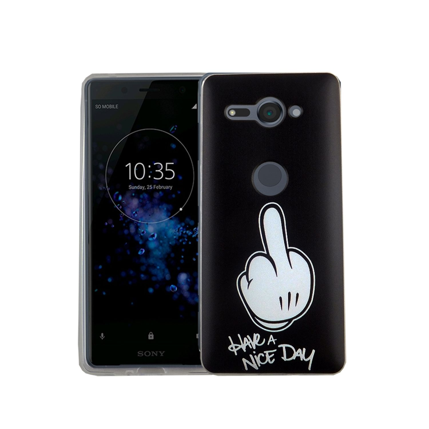 Telefon mit schwarzer Hülle, Hand mit Mittelfinger hoch, Text 'Have a nice day'.