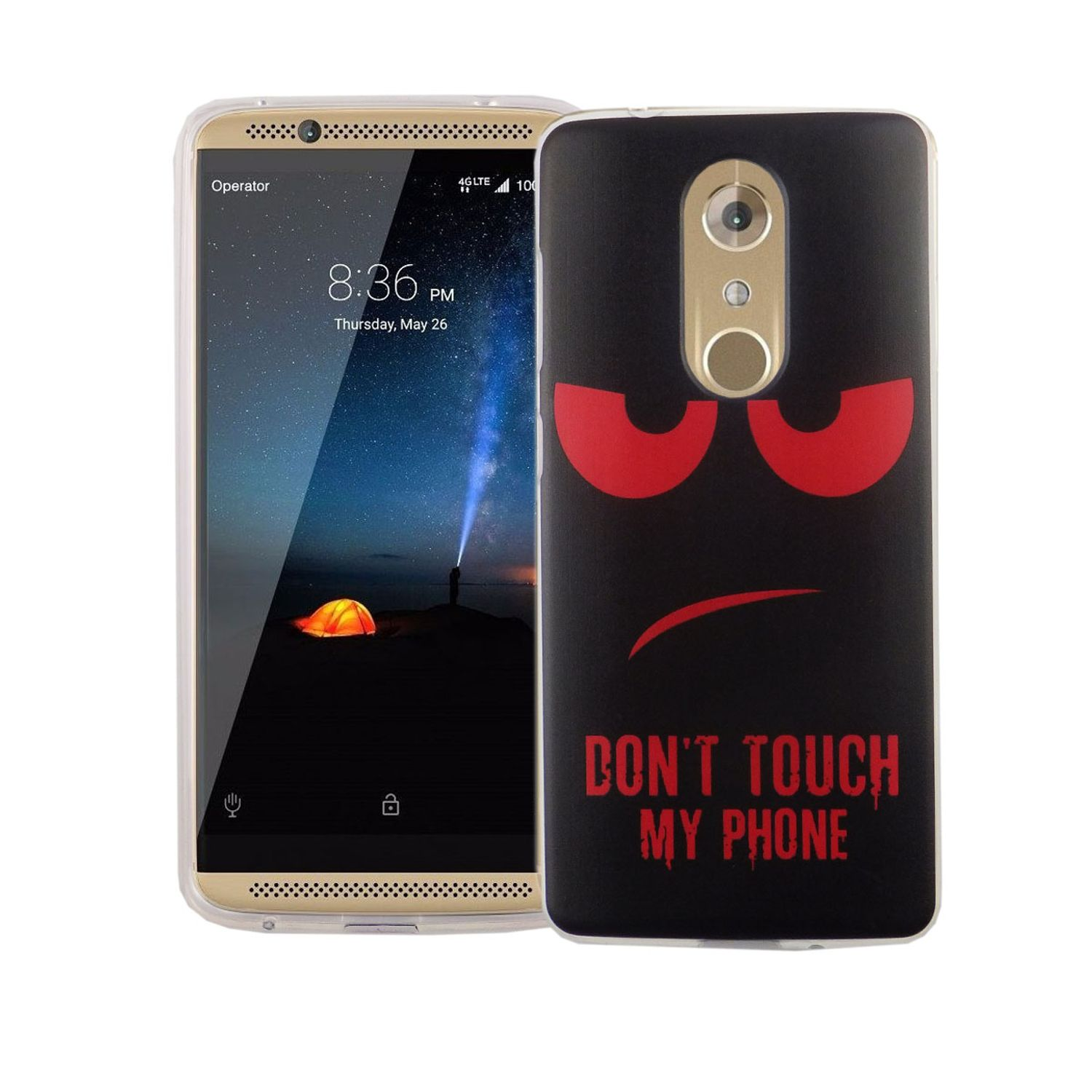 Ein Telefon mit schwarzer Hülle mit der Aufschrift 'DON'T TOUCH MY PHONE' und roten Augen. Weißer Hintergrund.