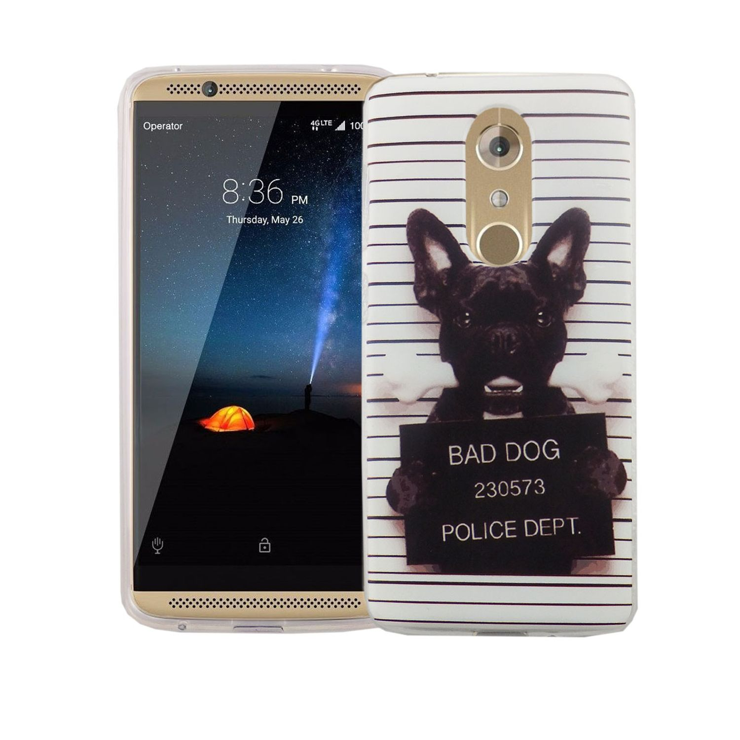 Telefon mit einer Hülle, die einen Bulldoggen mit einem Schild mit der Aufschrift 'BAD DOG' und 'POLICE DEPT.' zeigt. Weißer Hintergrund.