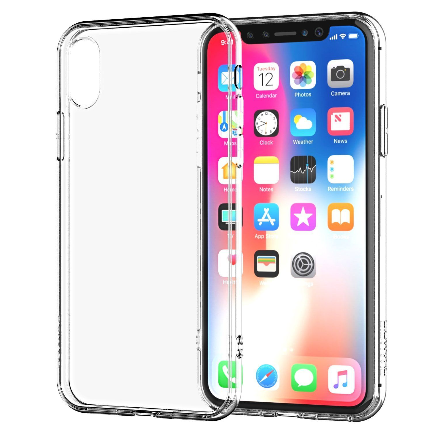 Transparente Handyhülle auf weißem Hintergrund, umrahmt ein Smartphone.