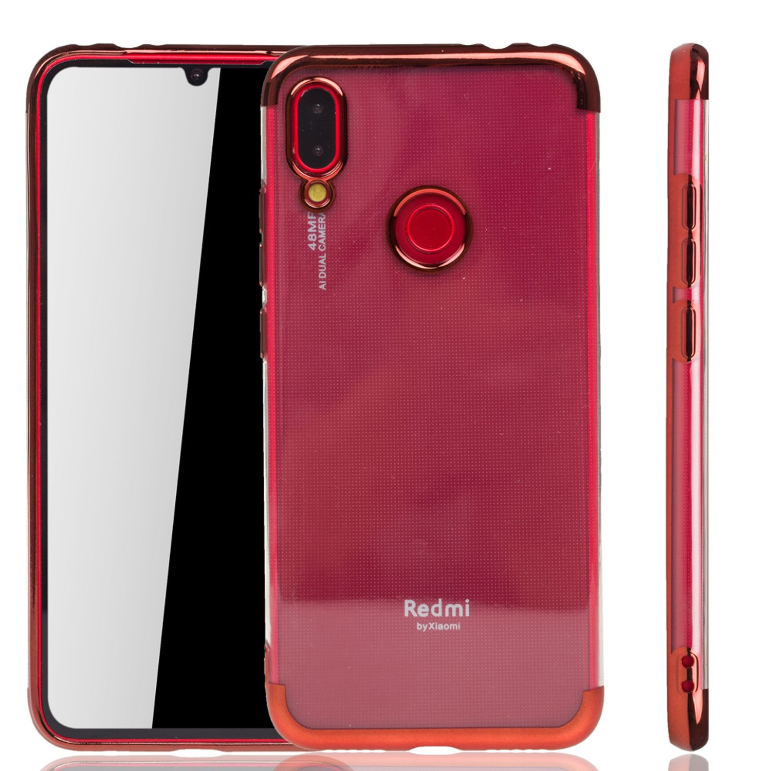 Redmi-Handyhülle mit rotem Rahmen, zeigt Telefon und Kamera.