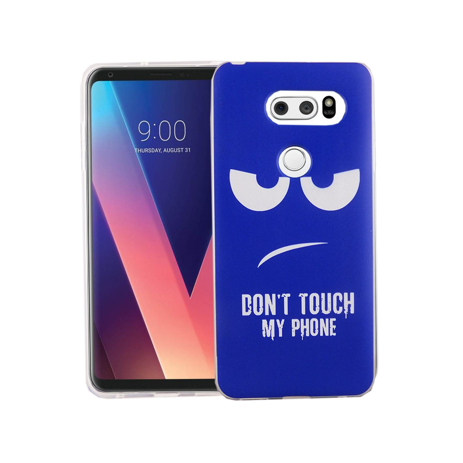 Blaue Handyhülle mit Cartoon-Gesicht und Text, mit sichtbarem Telefon. Der Hintergrund ist weiß.