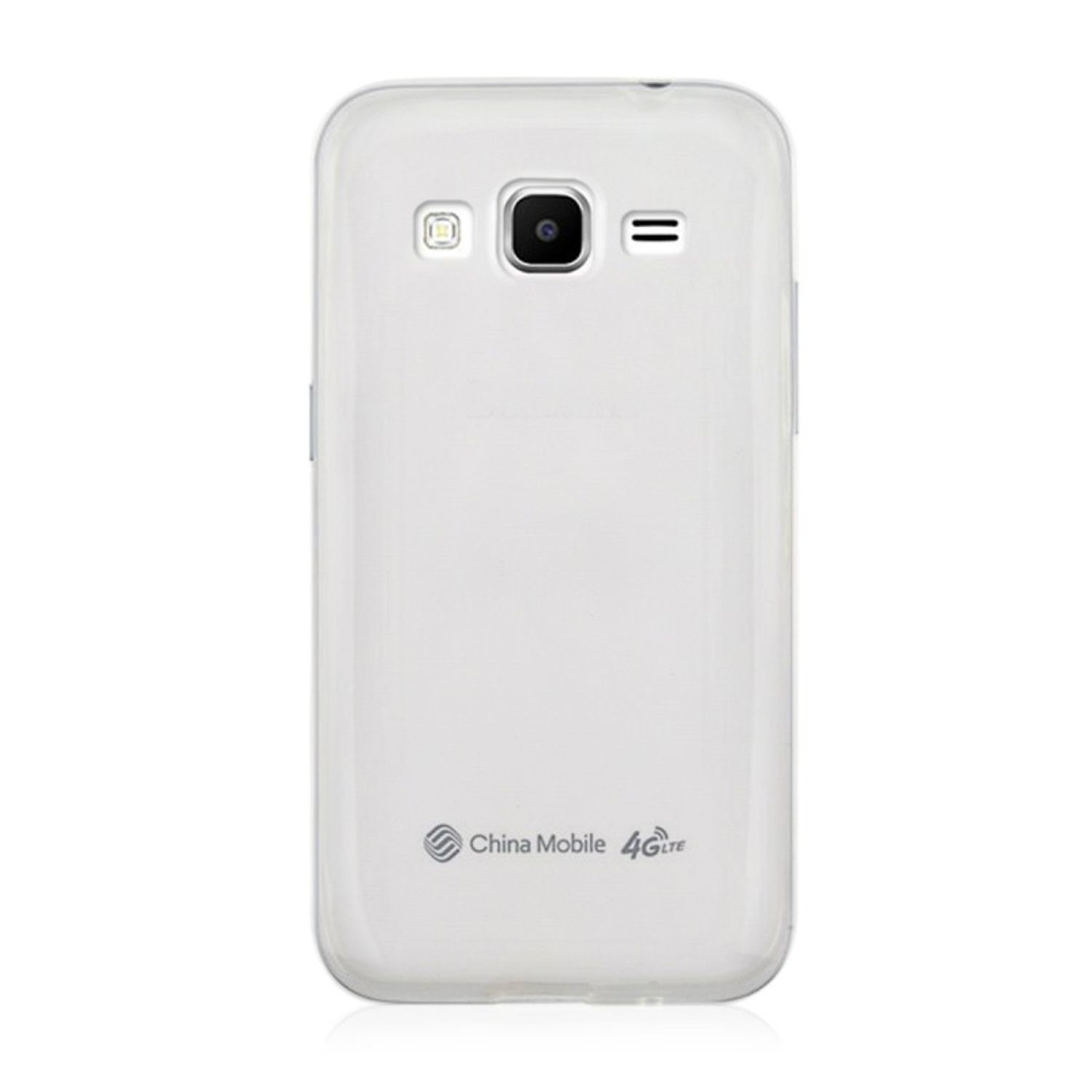 Weiße Smartphone-Rückseite mit Kamera und Logo, eine Handyhülle ist sichtbar.
