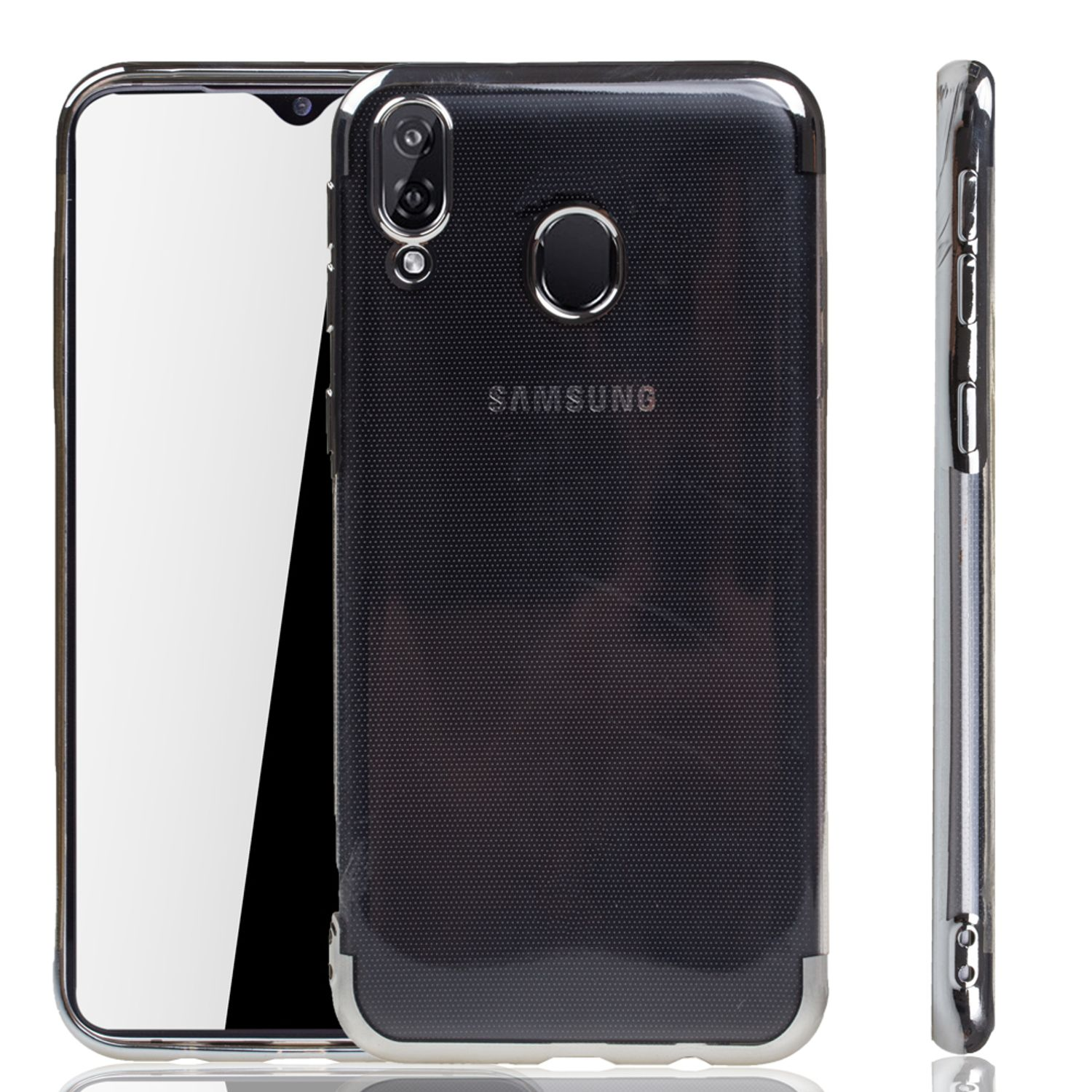 Dreiviertelansicht eines schwarzen Samsung-Smartphones mit transparentem Gehäuse.