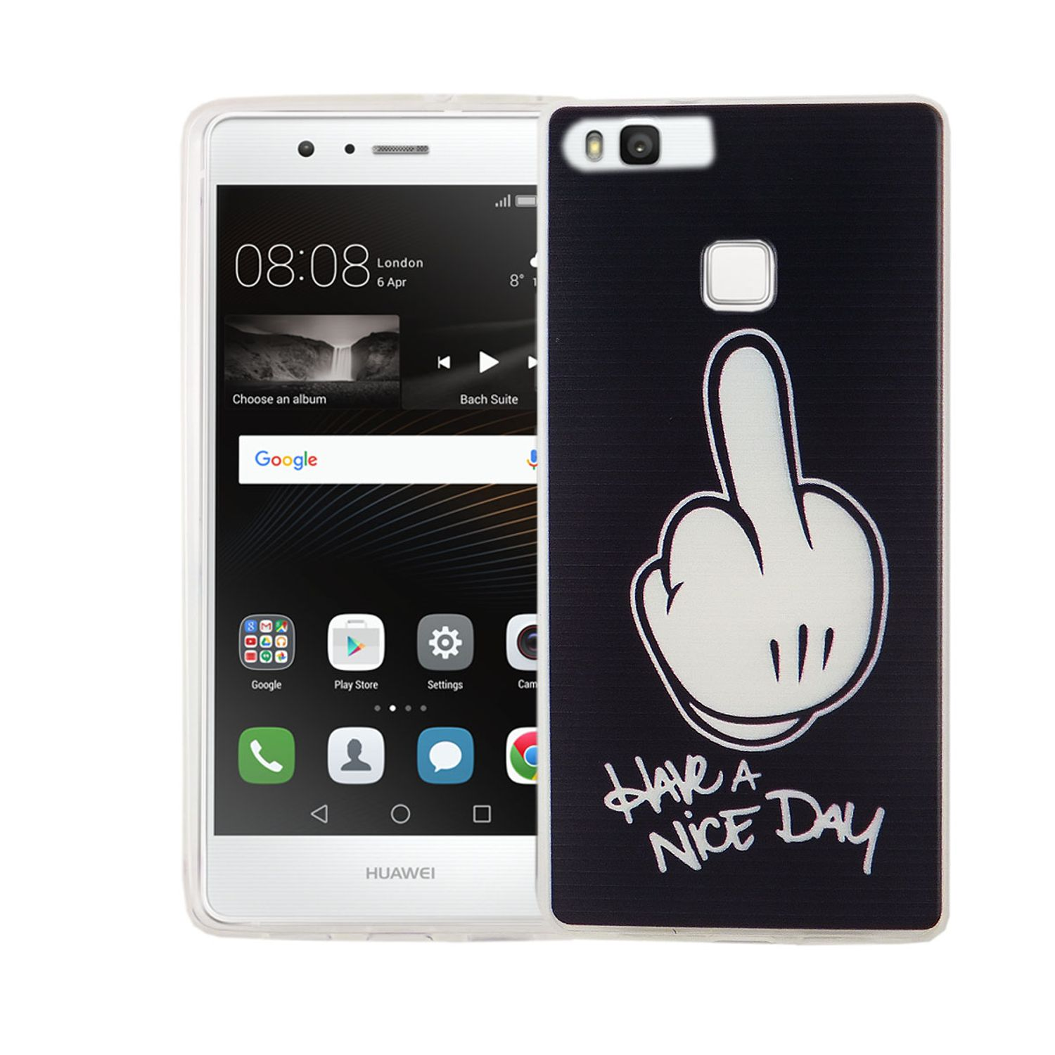 Handyhülle mit Mittelfinger-Grafik und 'Have a Nice Day'-Text. Telefon zeigt den Startbildschirm.