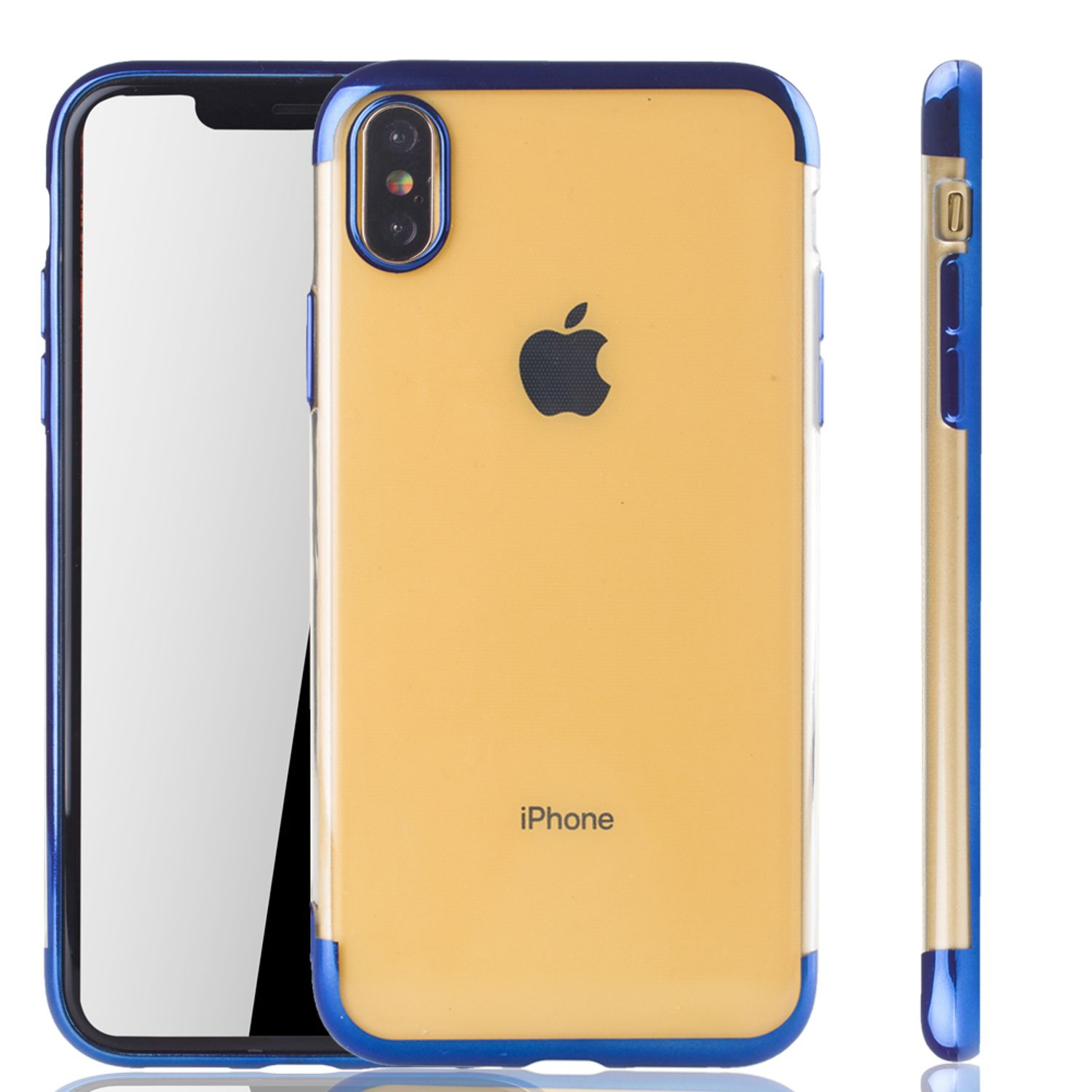 Eine blau umrandete iPhone-Hülle mit gelber Rückseite, das Telefon aus drei Winkeln zeigend.
