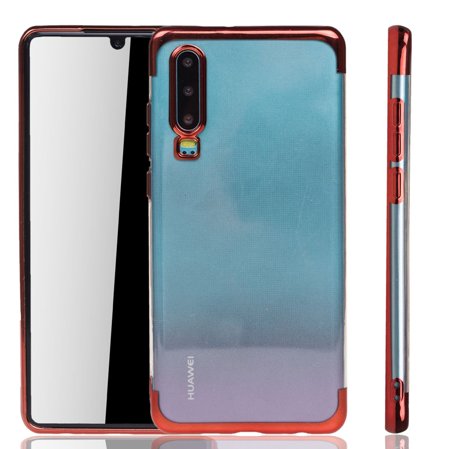 Eine Handyhülle mit blauem Farbverlauf und rotem Rahmen, mit Huawei-Logo.