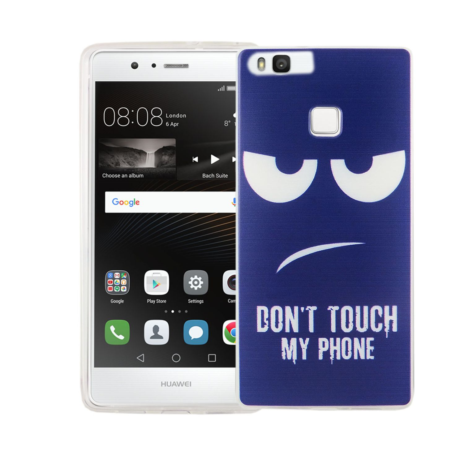 Telefon mit blauer Hülle mit wütendem Gesicht und Text auf weißem Grund.