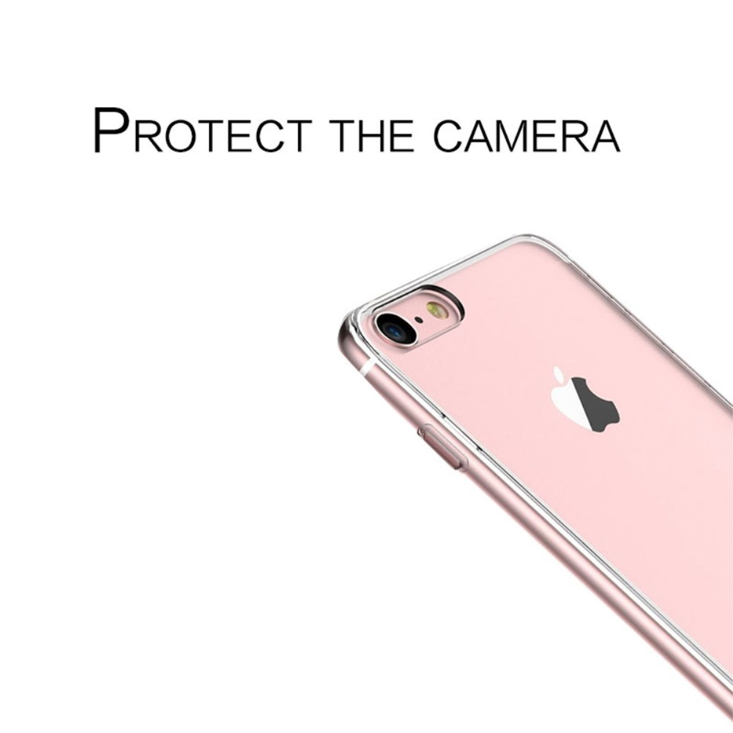 Ein rosa iPhone in einer durchsichtigen Hülle. Text: SCHÜTZE DIE KAMERA.