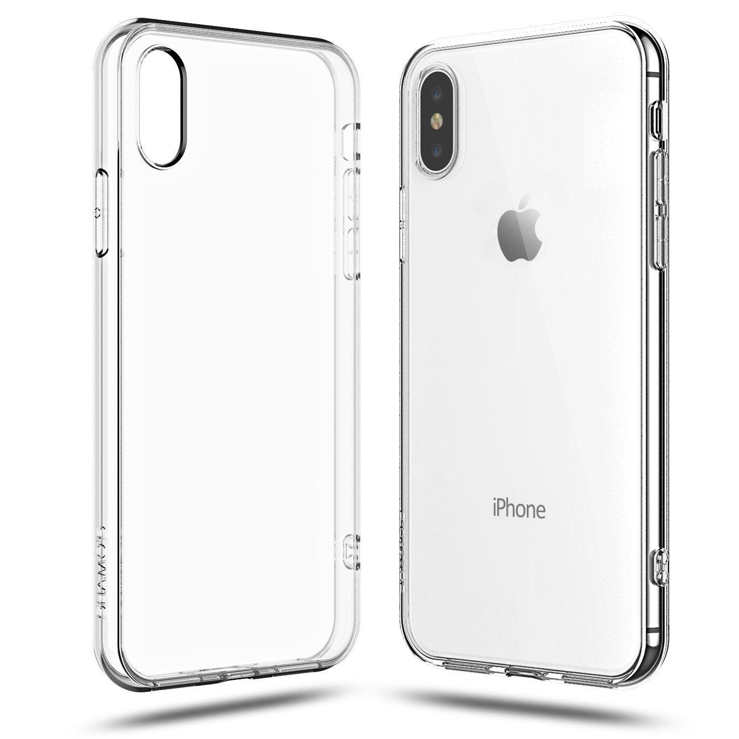 Transparente Handyhülle, iPhone, zwei Teile, weißer Hintergrund.