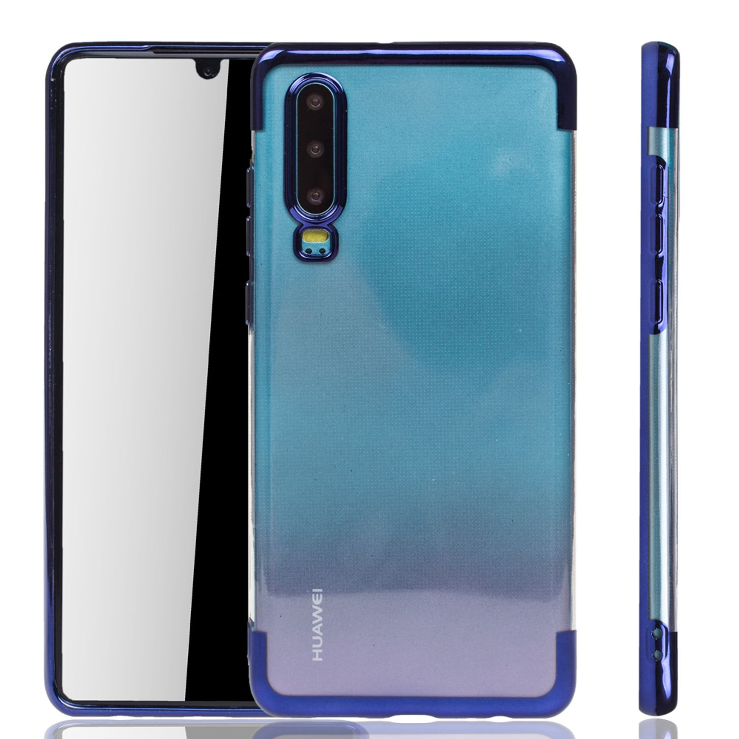 Eine Handyhülle mit blau-lila Farbverlauf und blauem Rahmen, mit einem sichtbaren Telefon.