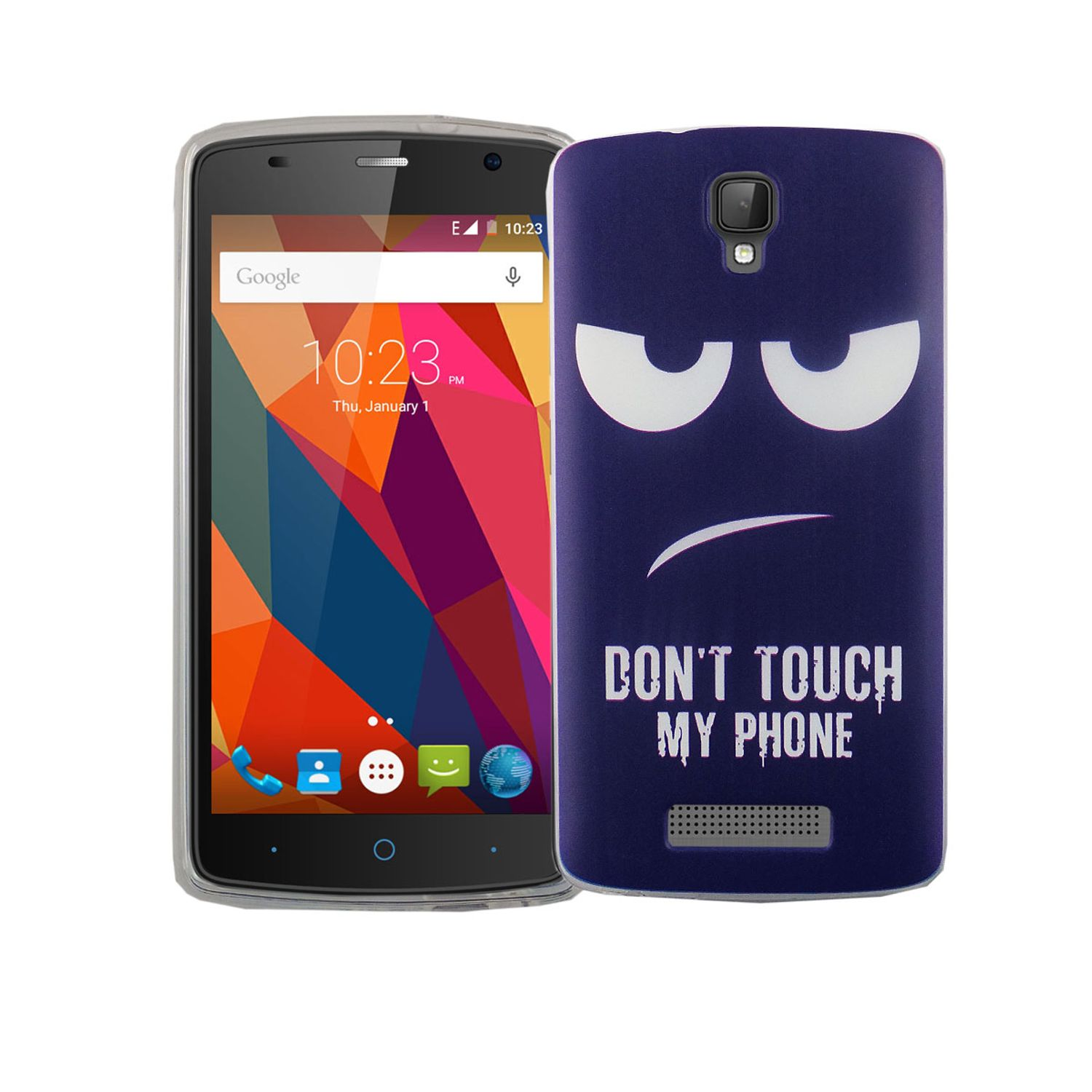 Ein Telefon mit einer dunkelblauen Hülle mit den Worten "DON'T TOUCH MY PHONE" und einem mürrischen Gesicht.