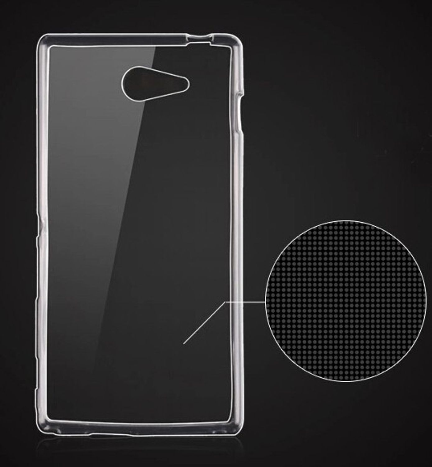 Eine transparente Handyhülle auf dunklem Hintergrund. Die Hülle ist nah, mit einem gepunkteten Detail sichtbar.