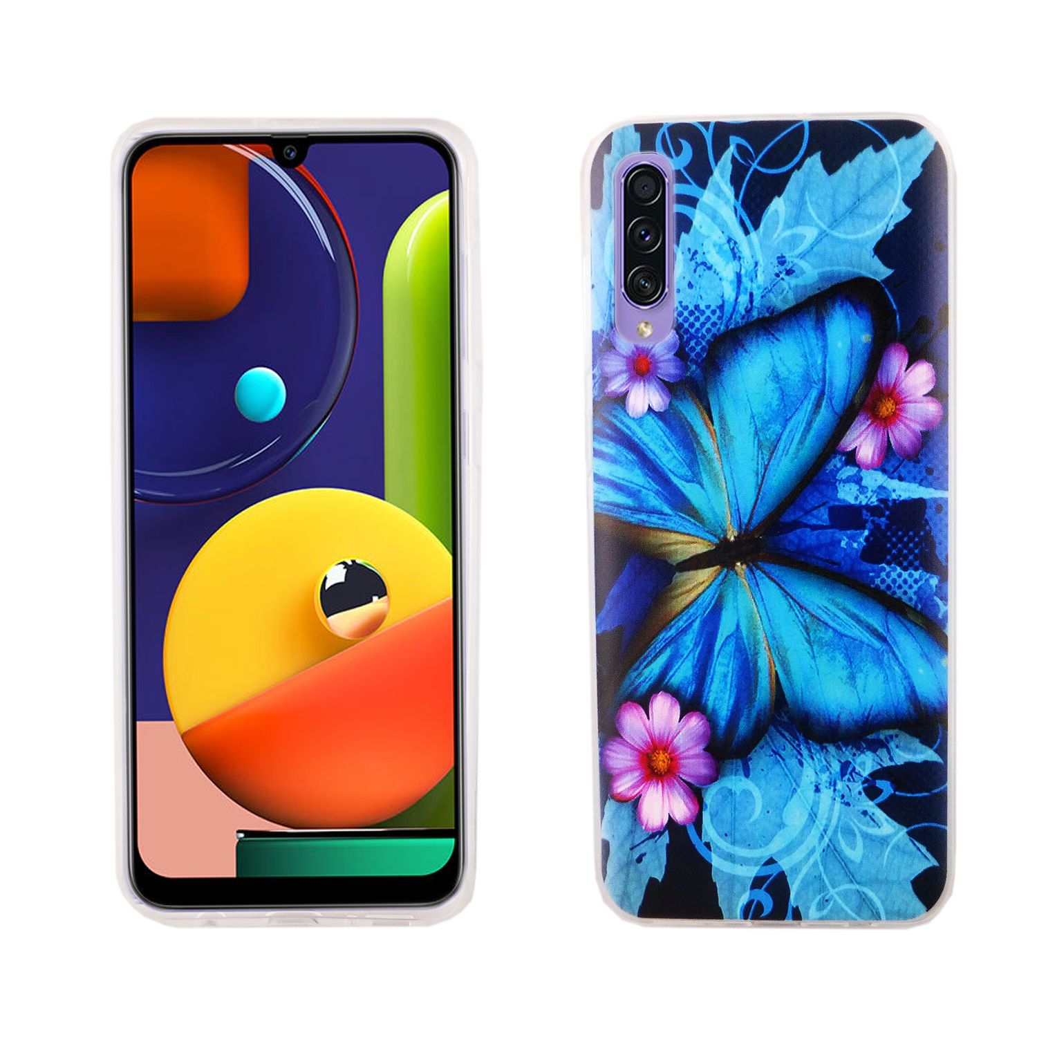 Ein Telefon mit einer blauen Schmetterlingshülle. Das Telefon liegt auf einer weißen Oberfläche.