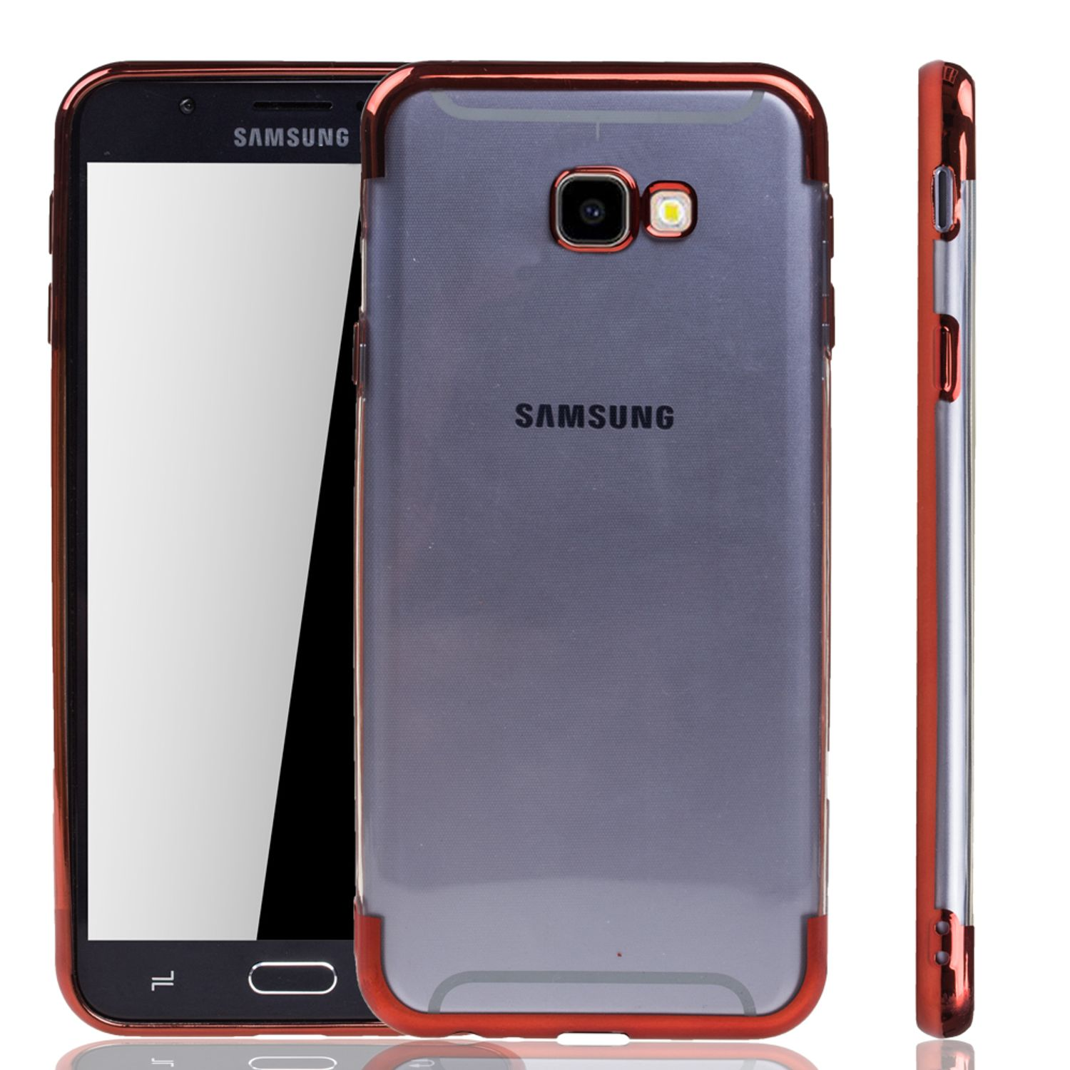 Samsung-Telefon in roter Hülle, Rückseite mit Kamera und Frontbildschirm zeigend.