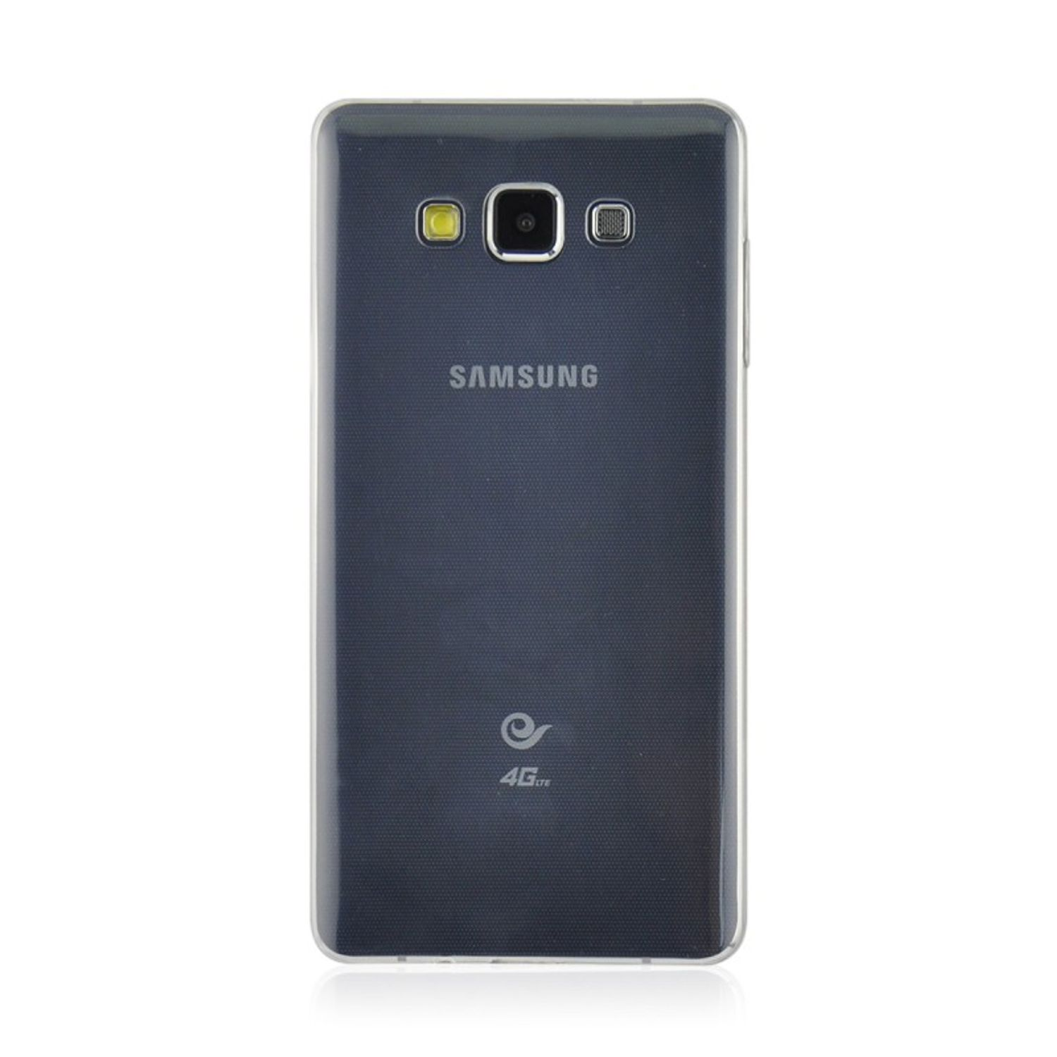 Schwarzes Smartphone in einer durchsichtigen Hülle. Das Telefon hat eine Kamera, einen Blitz und das Samsung-Logo. Weißer Hintergrund.