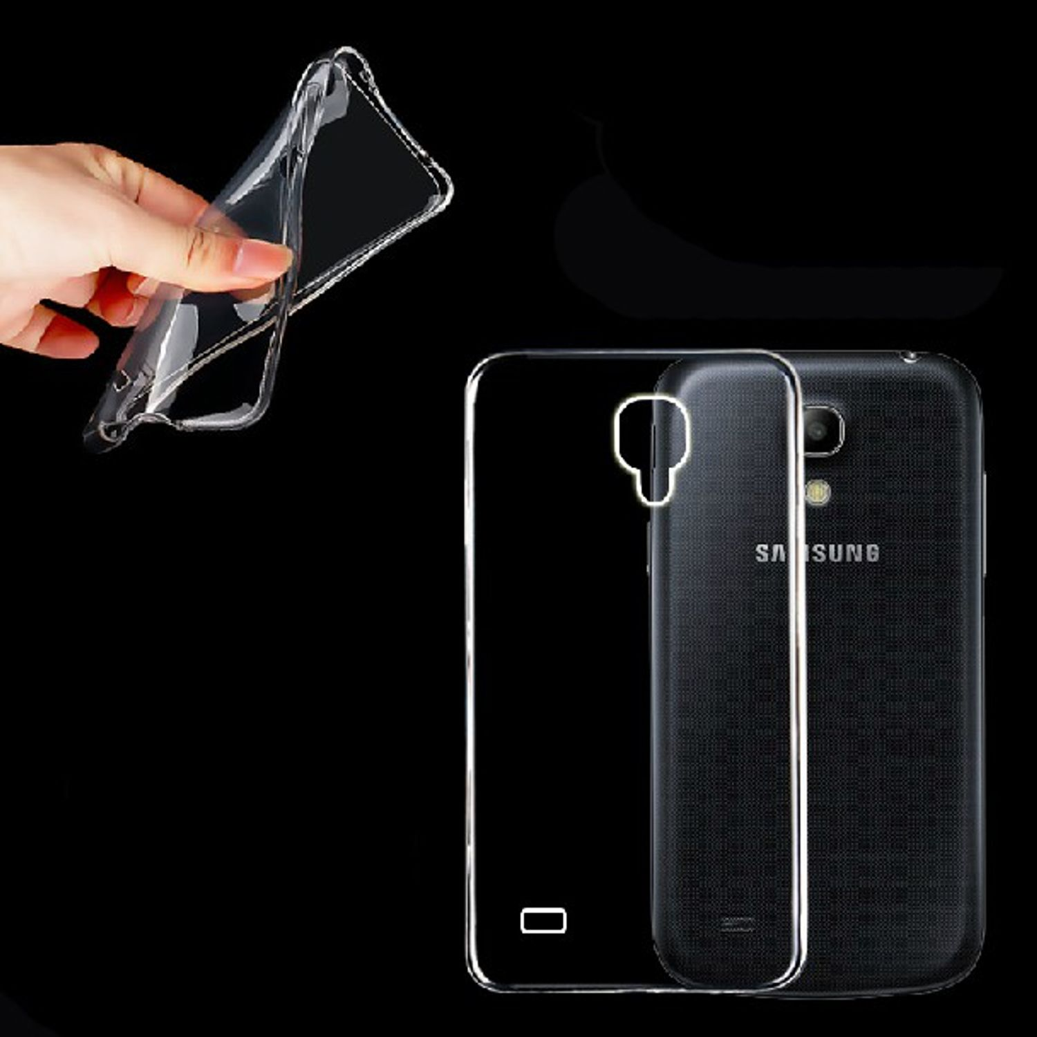 Transparente Telefonhülle neben einem Telefon auf schwarzem Hintergrund.