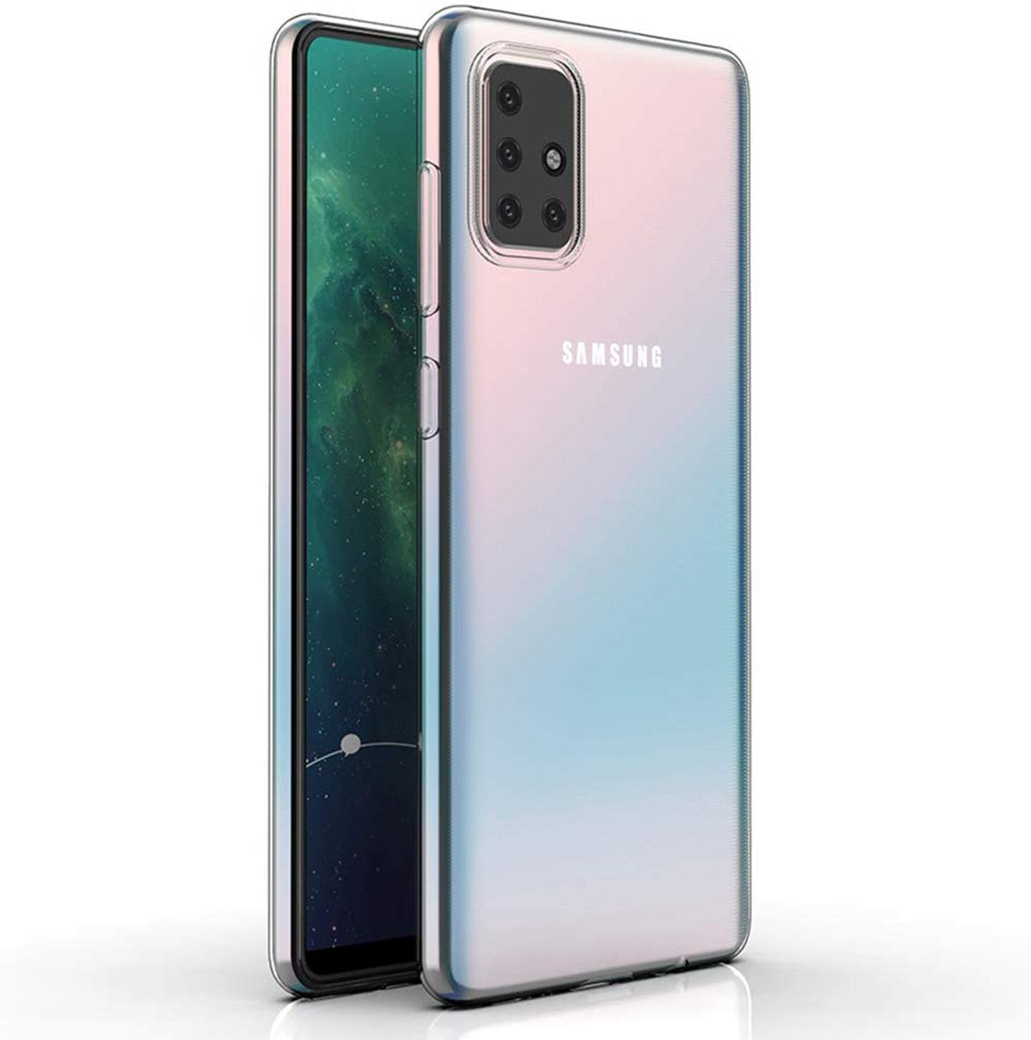 Samsung-Telefon mit durchsichtiger Hülle, hellrosa bis blauem Farbverlauf. Das Telefon steht aufrecht.