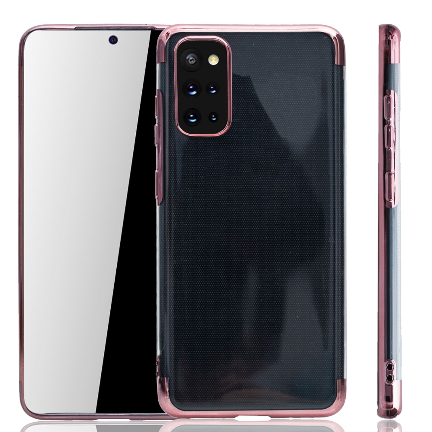 Ein Telefon mit einer schwarzen Hülle mit roségoldfarbenen Zierleisten. Das Telefon ist teilweise sichtbar.