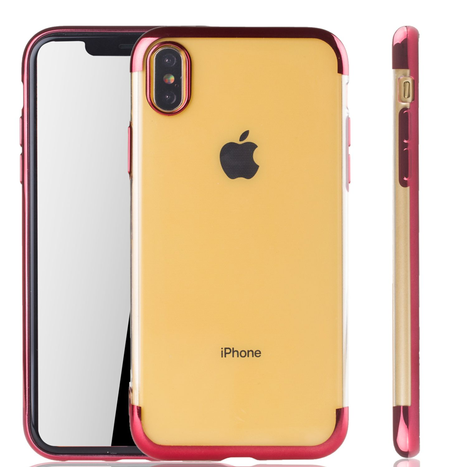 iPhone in Hülle mit rotem Rahmen und gelber Rückseite, Seitenansicht.