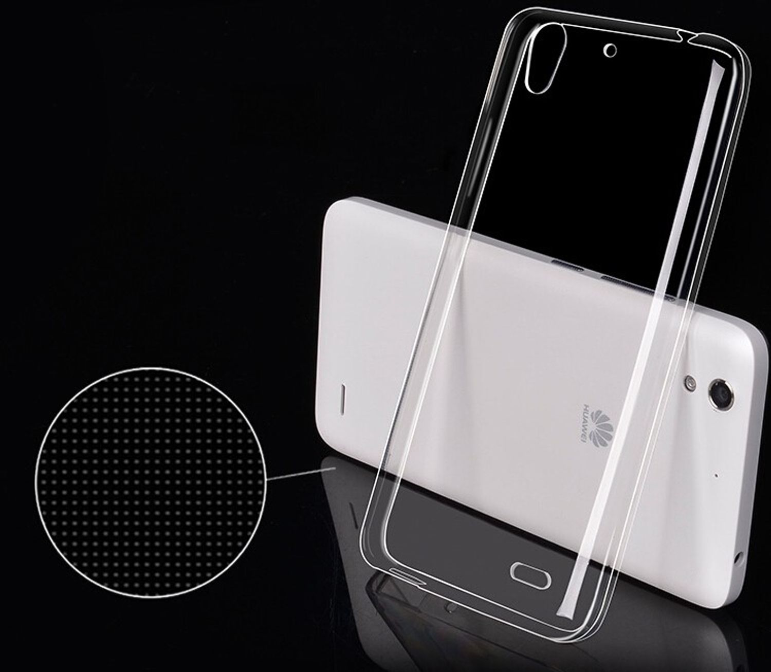Transparente Handyhülle, weißes Telefon und Punktdetail. Schwarzer Hintergrund.