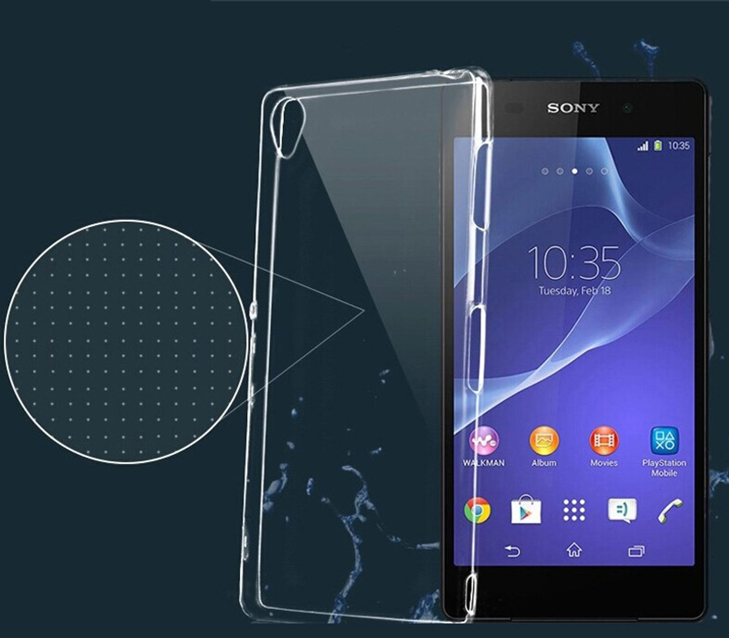 Schwarzes Sony-Telefon mit transparenter Hülle, zeigt Bildschirm mit Uhrzeit und App-Symbolen.