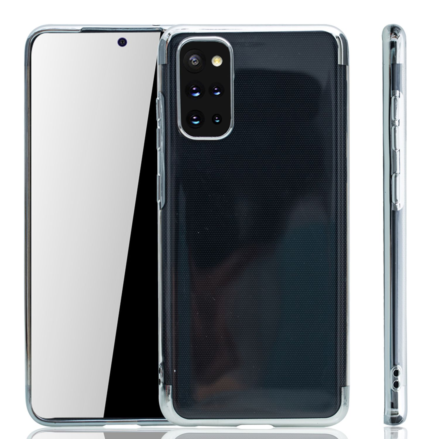 Smartphone mit transparenter Hülle, das eine Kamera und das Samsung-Logo zeigt. Weißer Hintergrund.