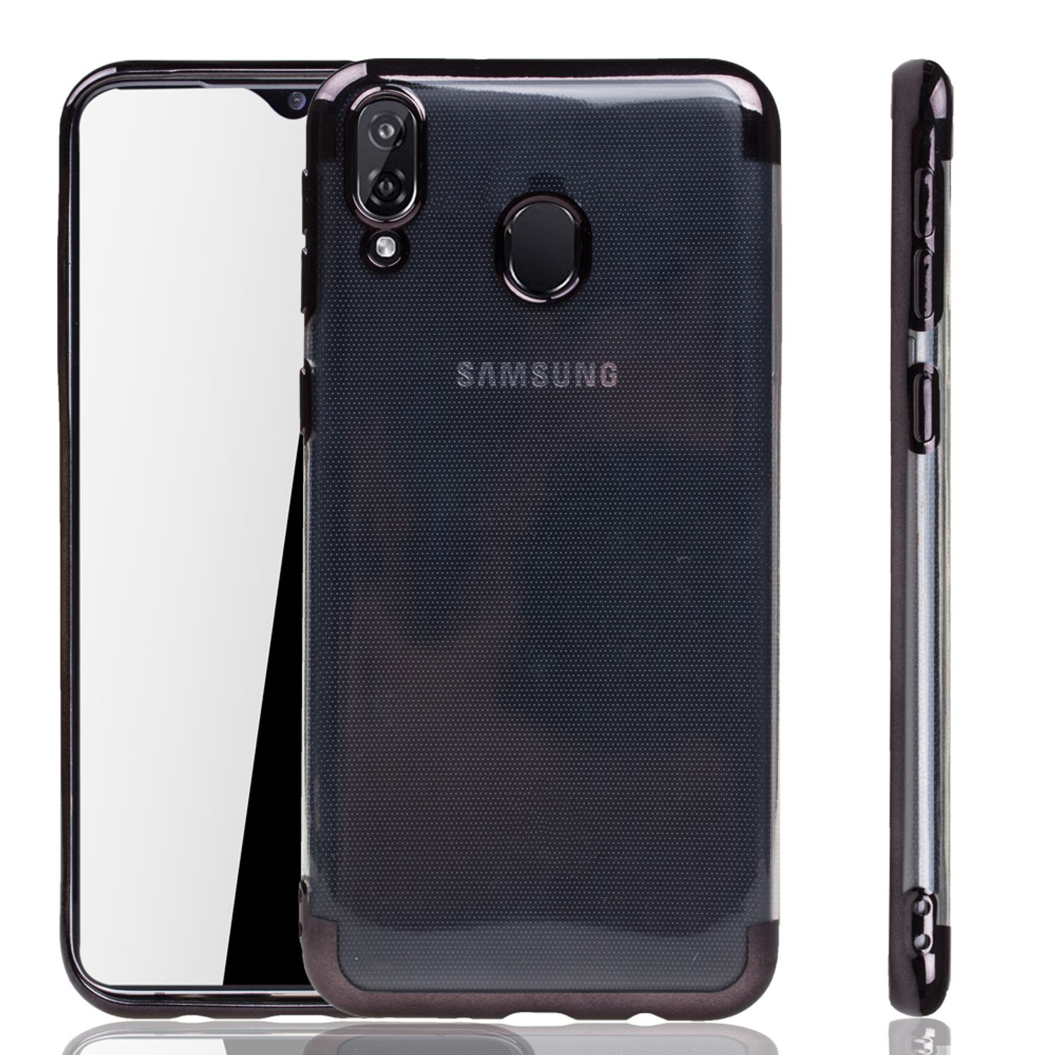 Smartphone im Case, Seitenansicht, Bildschirm sichtbar, mit Kamera und Tasten, weißer Hintergrund.