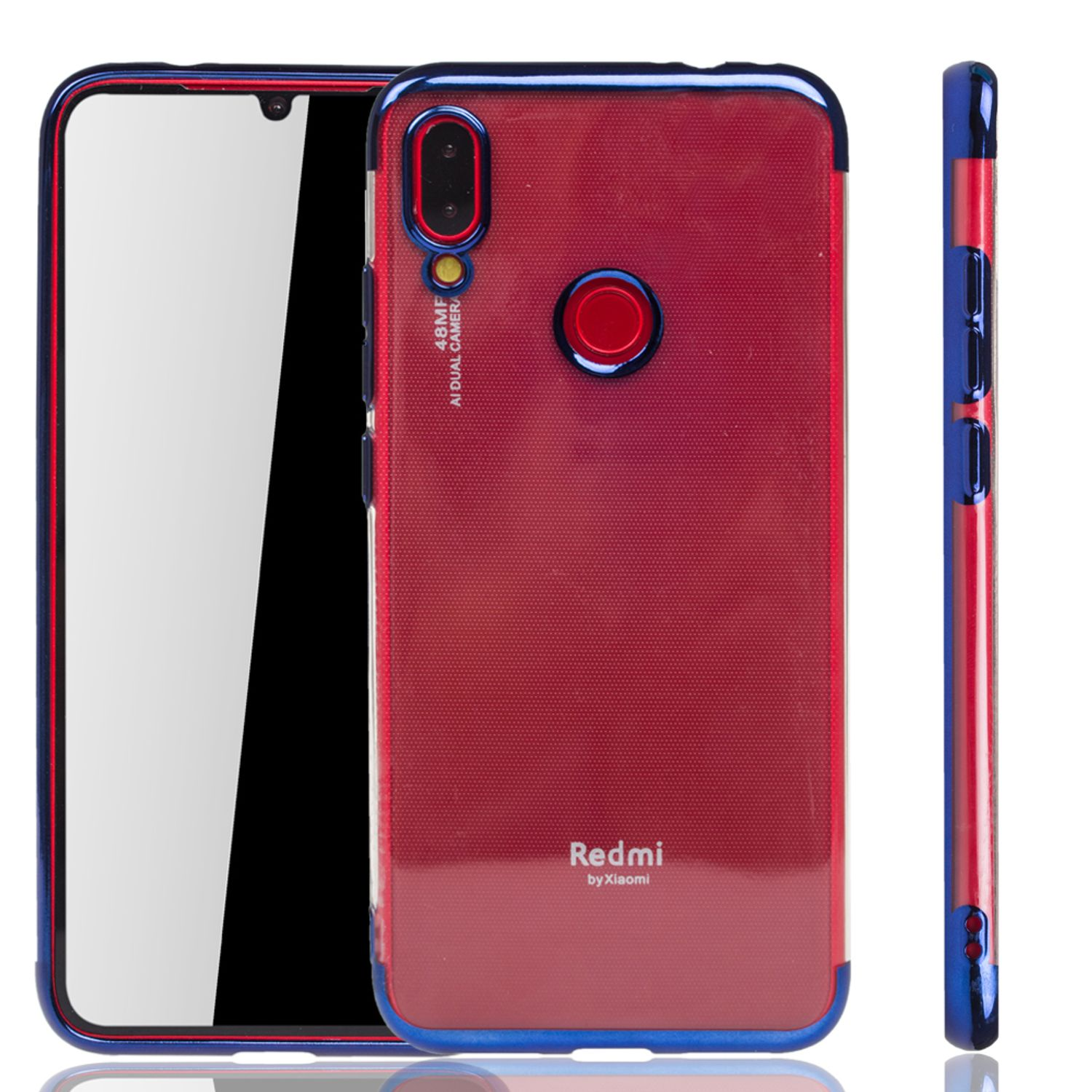 Redmi-Handyhülle mit roter Rückseite und blauem Rand. Dreiviertelansicht.