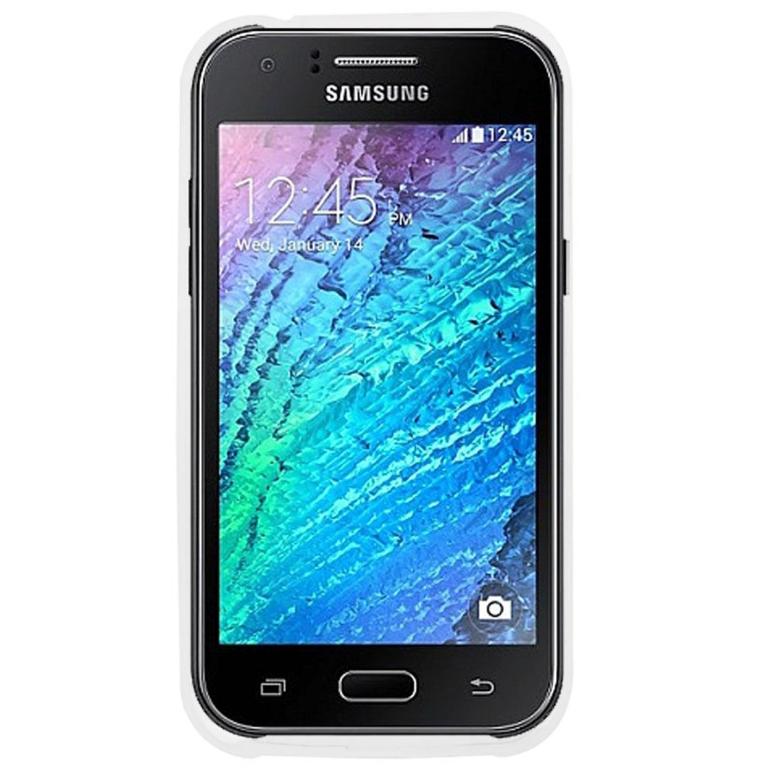 Samsung-Telefon mit blau-grünem Bildschirm. Zeigt Zeit und Datum.