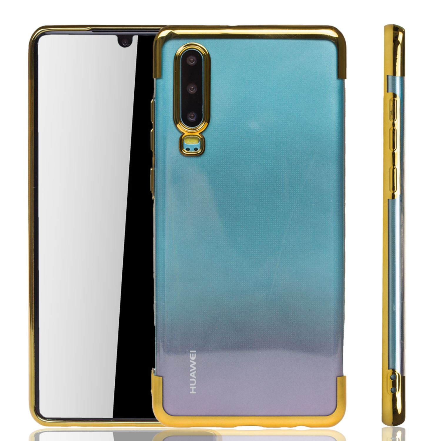 Handyhülle: blau/lila Farbverlauf, goldener Rahmen. Huawei-Logo sichtbar. Drei Ansichten.