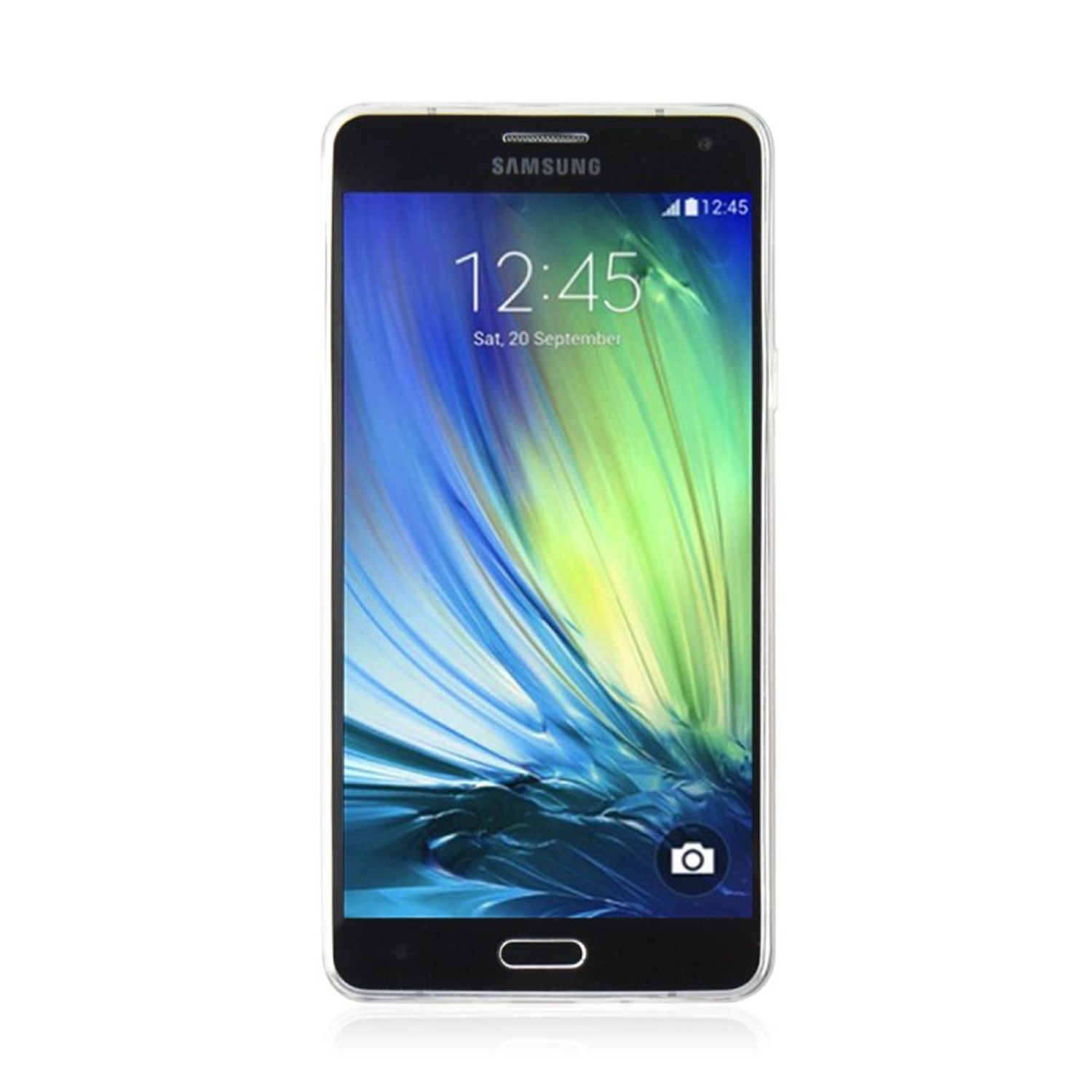 Schwarzes Smartphone, das Zeit und Datum anzeigt. Der Bildschirm zeigt einen weißen Hintergrund.