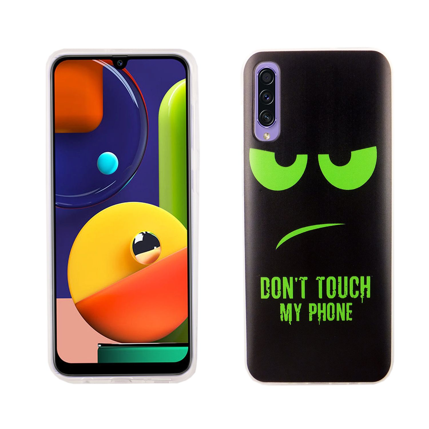 Telefon mit Hülle mit Gesicht und Text: Don't Touch My Phone. Schwarze Hülle, weißer Hintergrund.