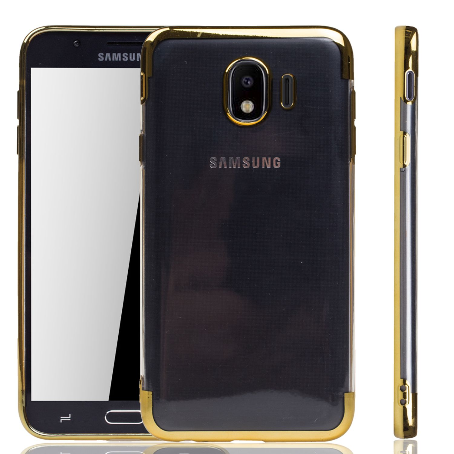 Schwarze Handyhülle mit goldfarbenem Rand, Samsung-Logo und Kameradetail. Seitenansicht zeigt Design.
