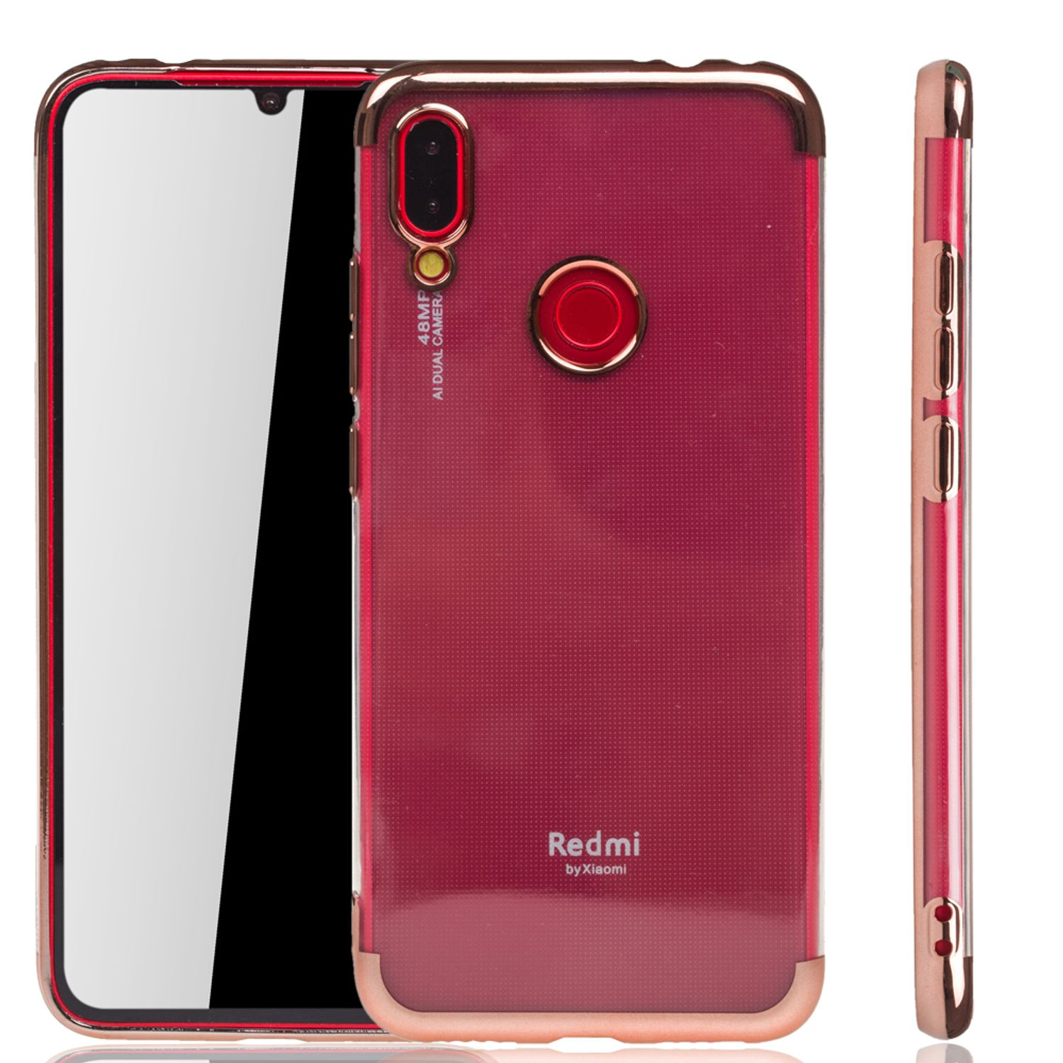 Rote Handyhülle auf einem Telefon. Roter Rücken, goldener Rand und Kameradetails. Weißer Hintergrund.