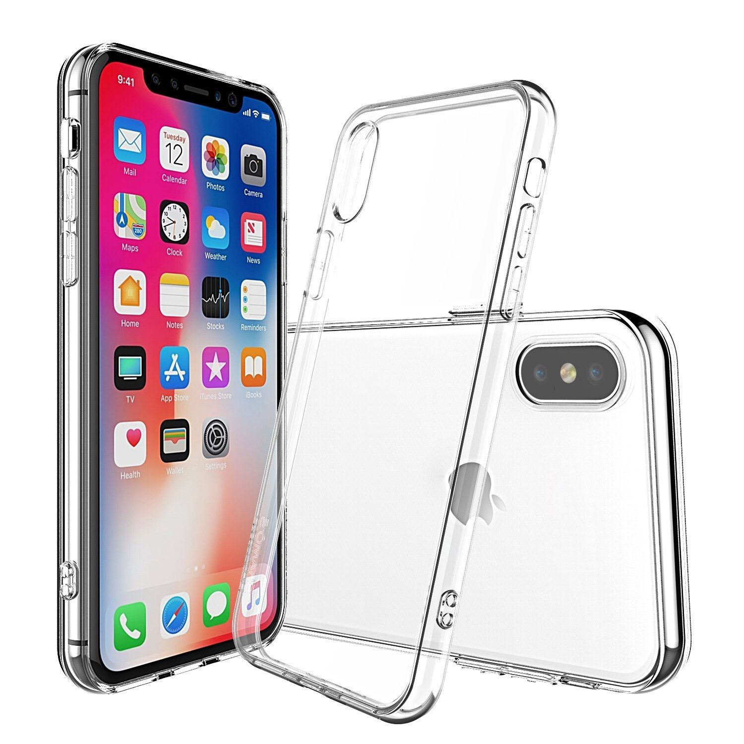iPhone X mit klarer Schutzhülle auf weißem Hintergrund.