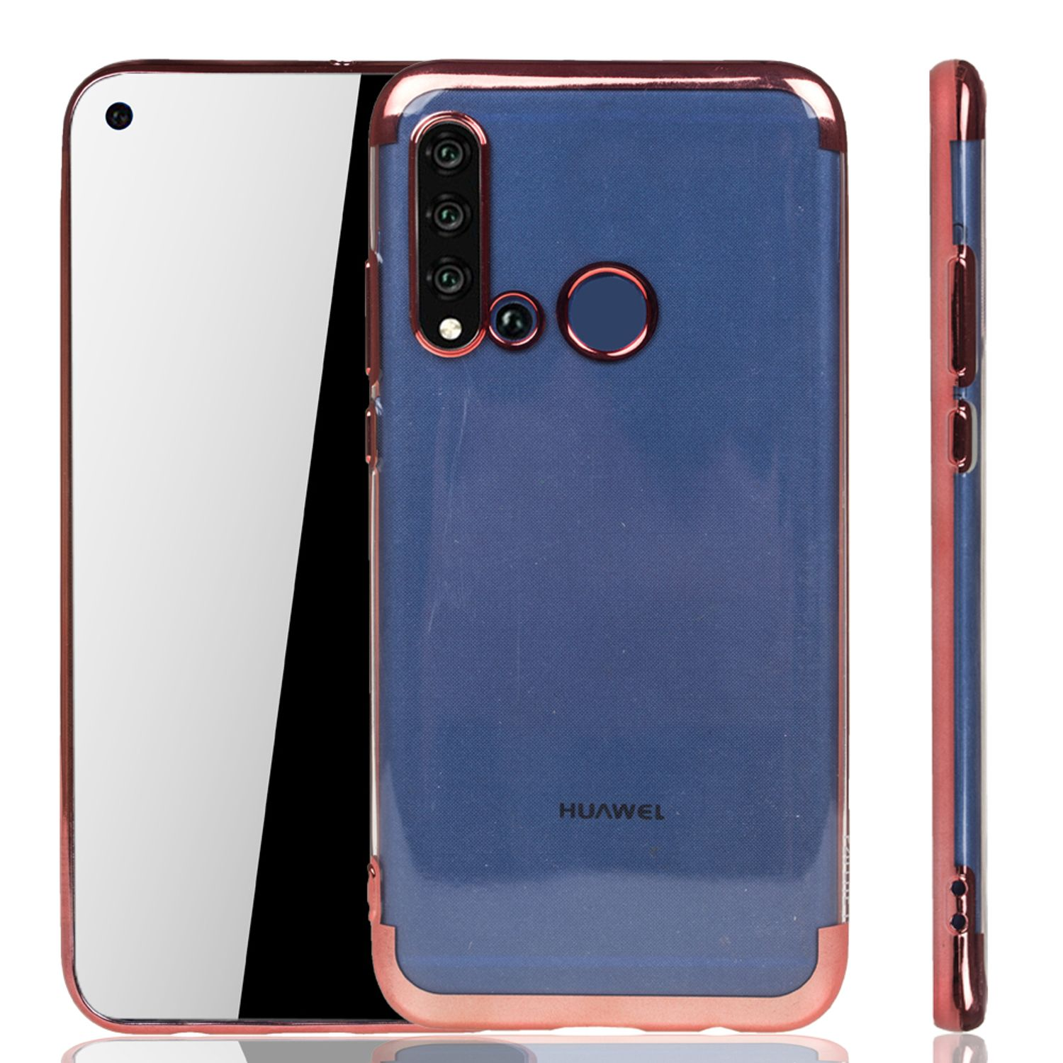 Rosa und blaue Handyhülle mit Telefon, das Huawei-Logo zeigt.
