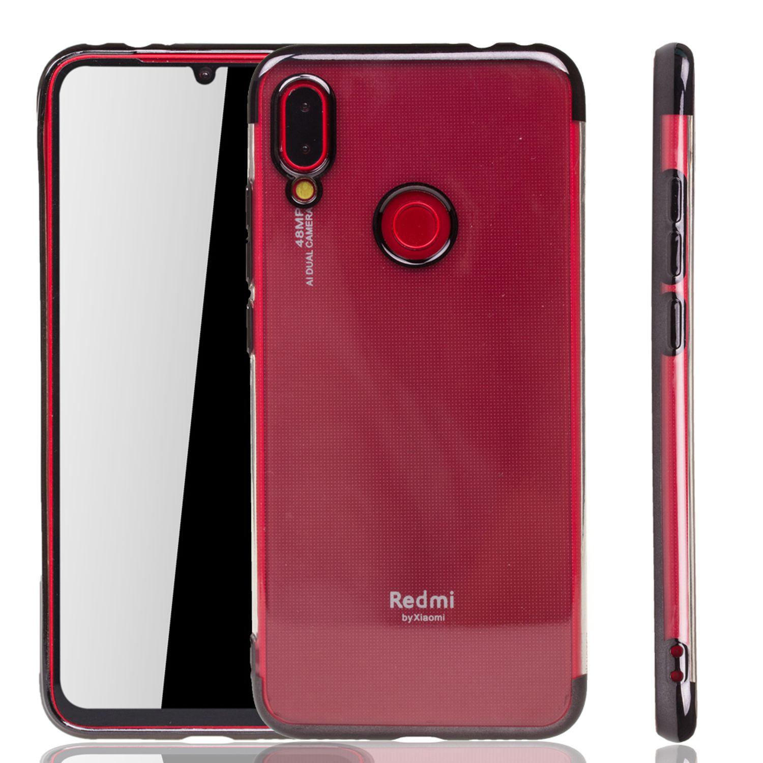 Redmi-Handyhülle. Roter Rücken, schwarze Ränder und ein Kameraausschnitt. Das Telefon steht vor weißem Hintergrund.