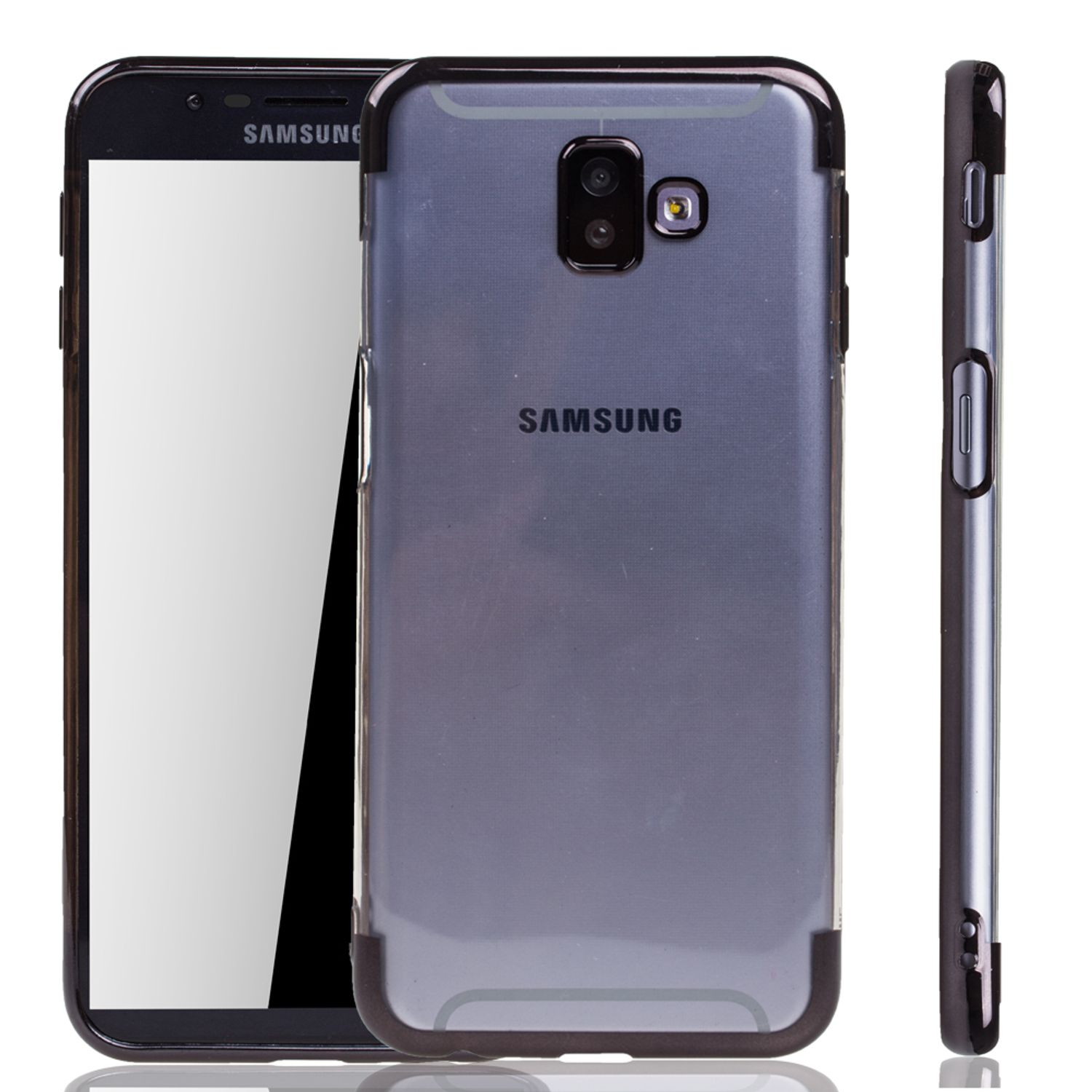 Ein schwarzes Smartphone mit klarer Hülle, von vorne, hinten und der Seite gezeigt.