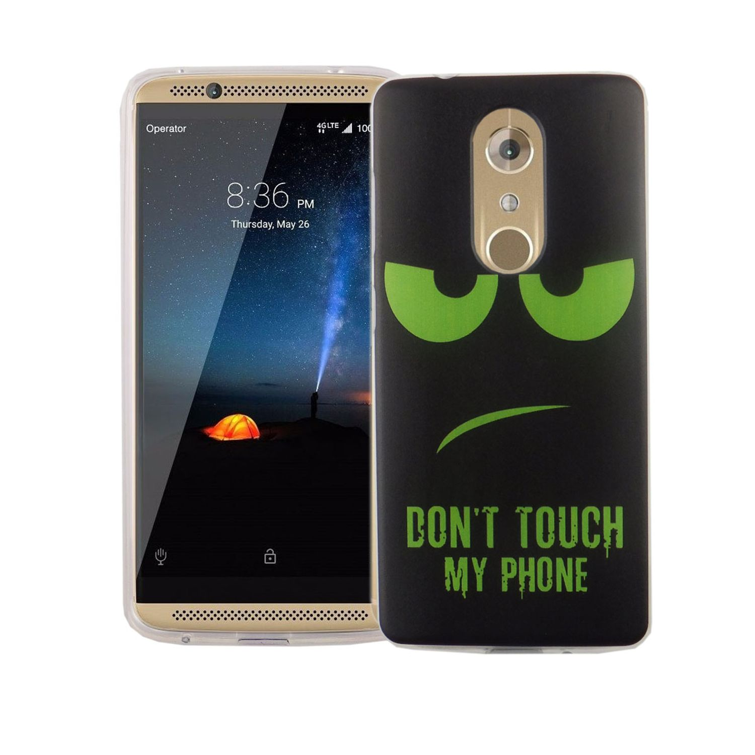 Schwarze Handyhülle mit grünem Gesicht und Text. Telefon mit Zeit und Schloss.