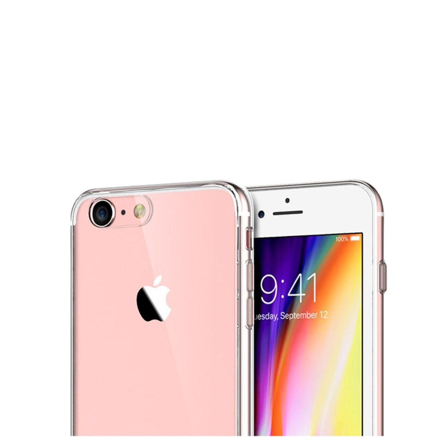 Nahaufnahme zweier iPhones. Eines ist rosa mit transparenter Hülle, das andere weiß. Beide zeigen das Apple-Logo.