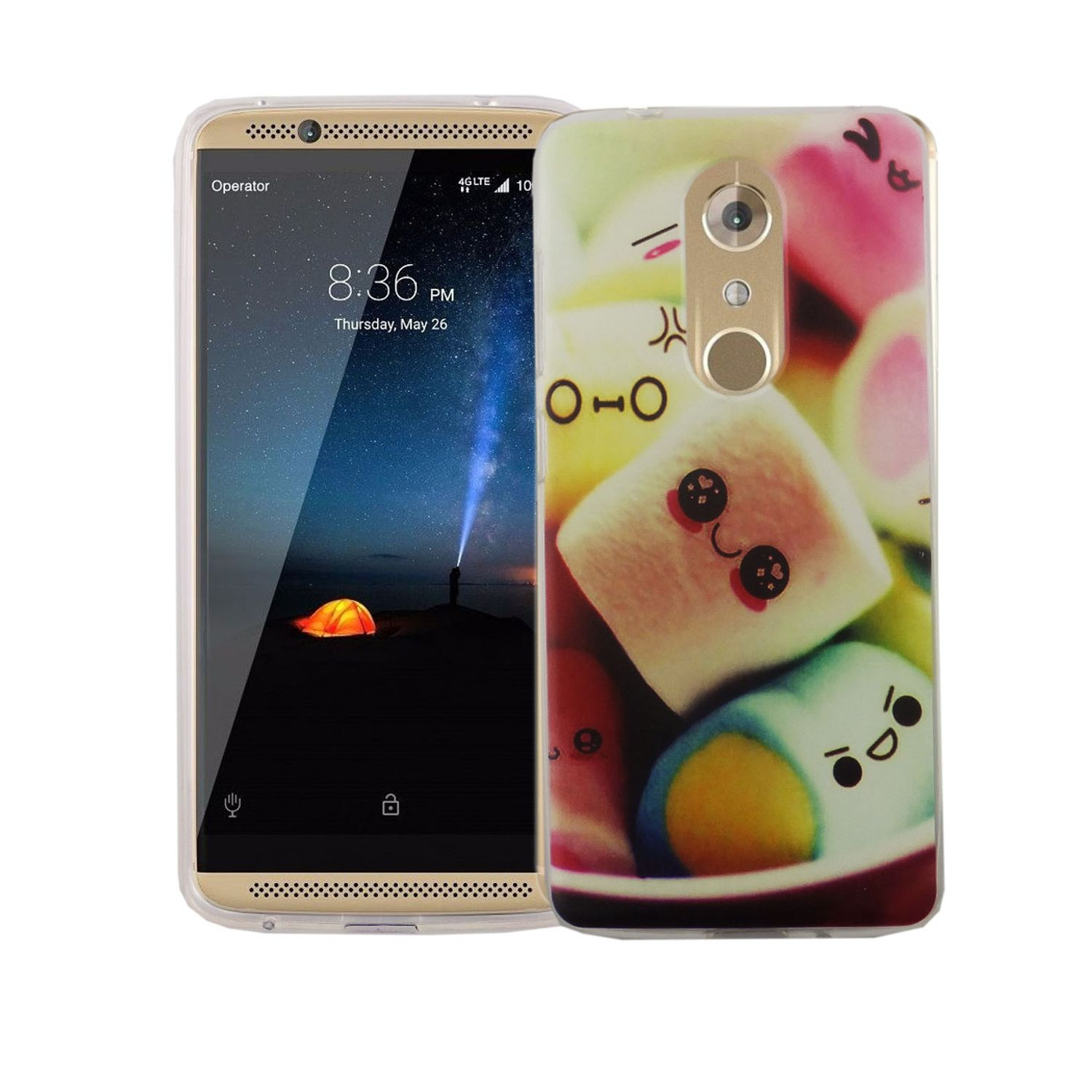 Smartphone mit bunter Marshmallow-Hülle, isoliert auf weißem Hintergrund.