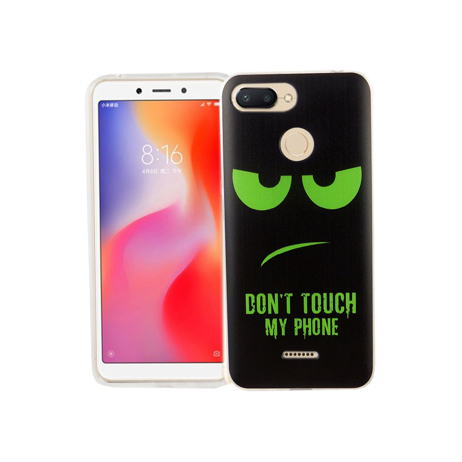 Telefon mit schwarzer Hülle, grünen Augen und Text 'DON'T TOUCH MY PHONE'. Der Bildschirm ist an.