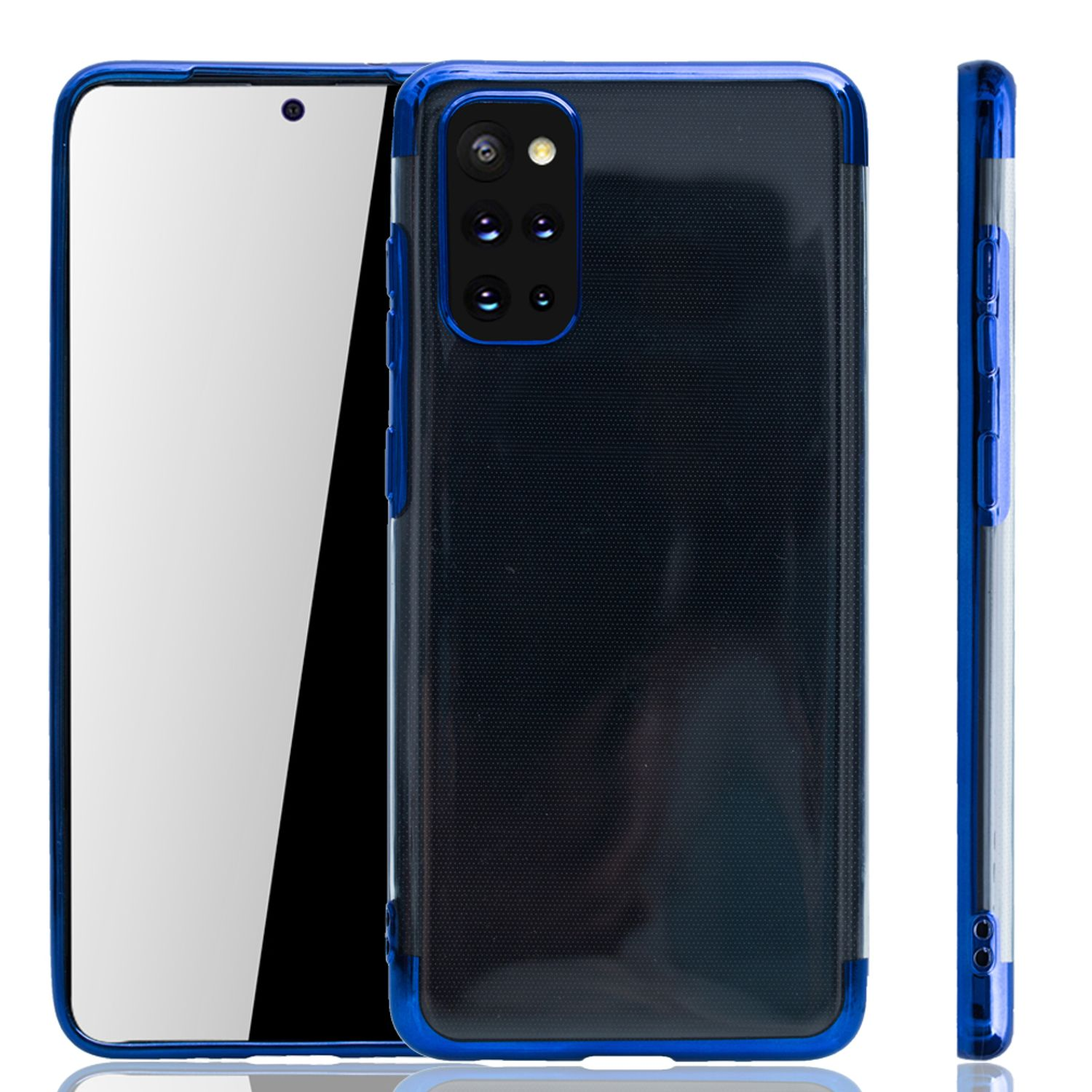 Ein Telefon mit blauer Hülle, Bildschirm und drei Kameras sichtbar, auf weißem Hintergrund.