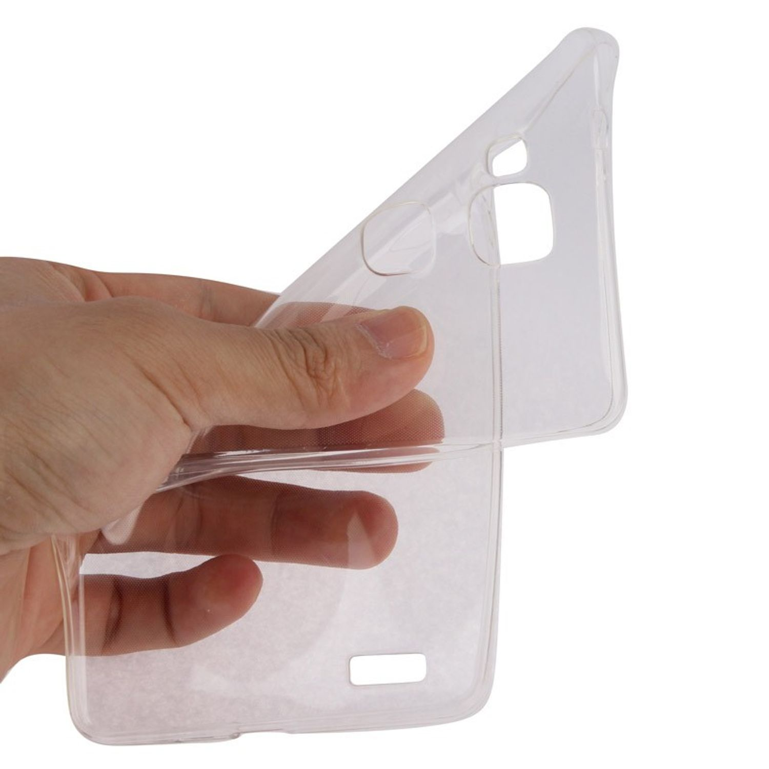 Eine Hand hält eine transparente Telefonhülle vor weißem Hintergrund.