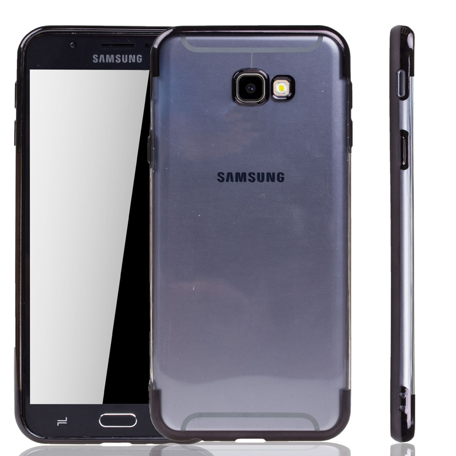 Schwarzes Samsung-Telefon mit transparentem Gehäuse. Drei Ansichten: vorne, hinten und seitlich.